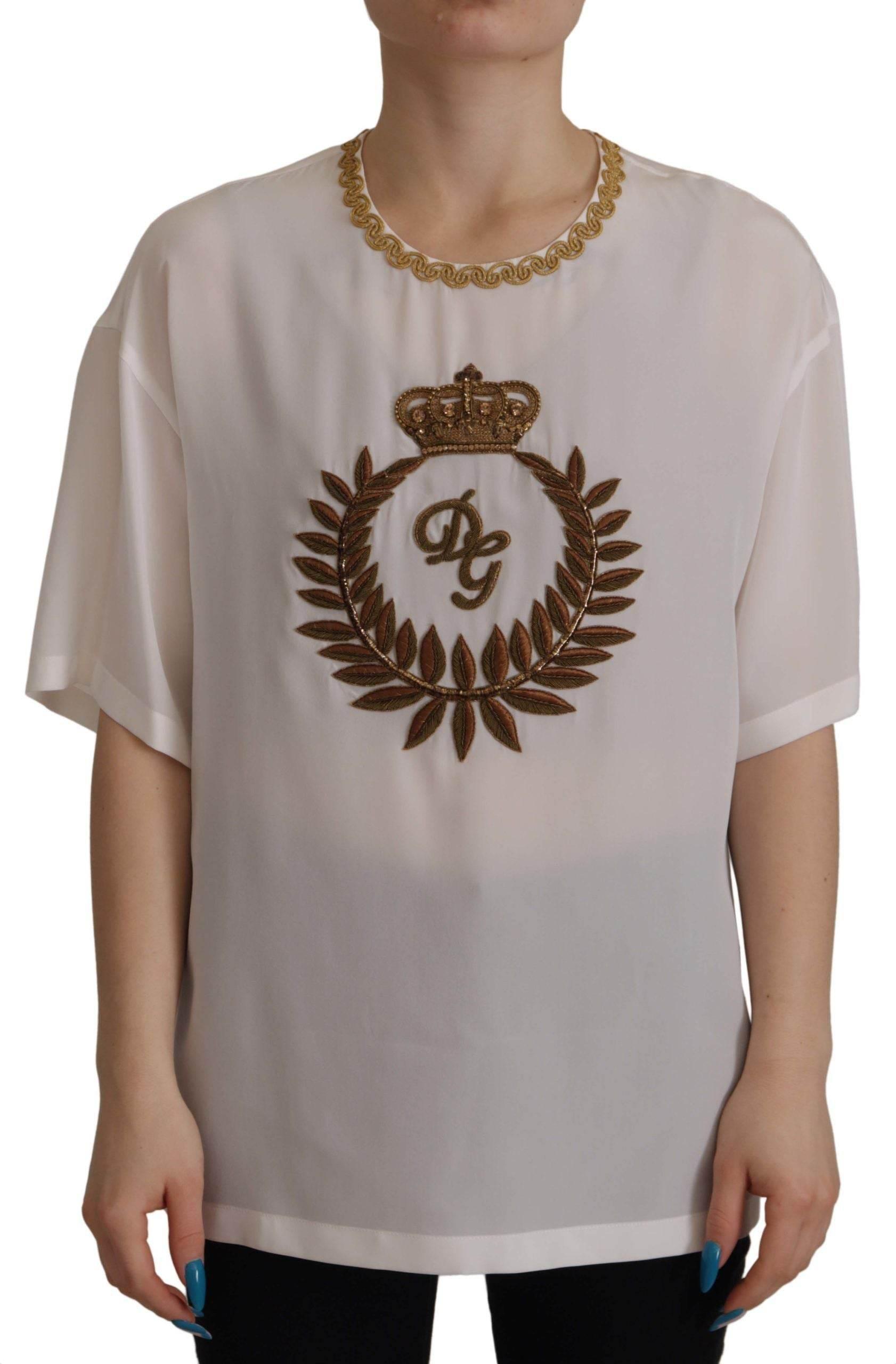 Dolce & Gabbana White Silk Gold DG Crown Crystal Blouse Top - Hilstor