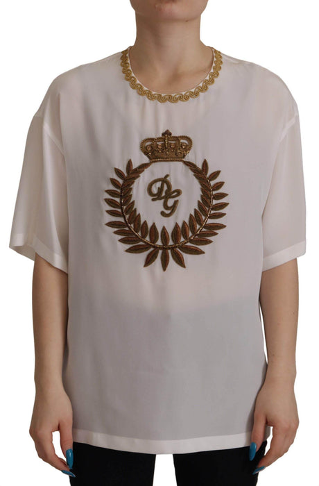 Dolce & Gabbana White Silk Gold DG Crown Crystal Blouse Top - Hilstor