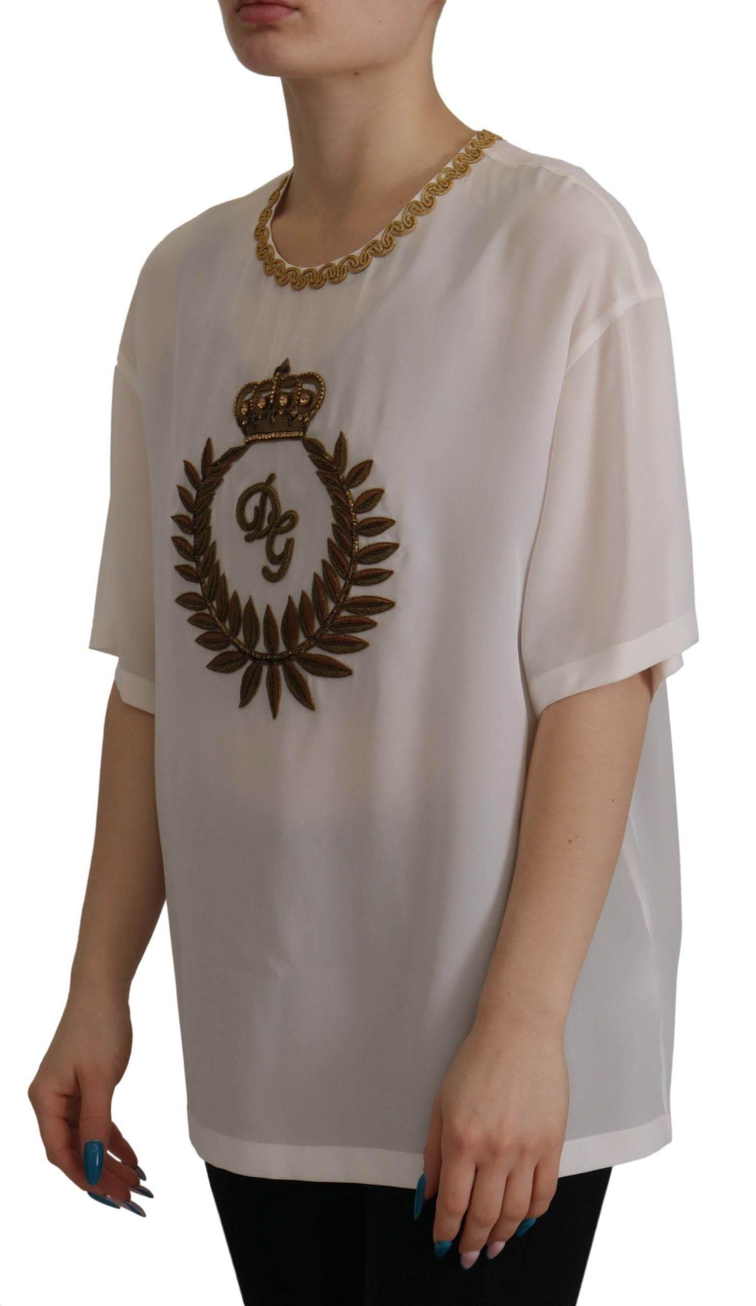 Dolce & Gabbana White Silk Gold DG Crown Crystal Blouse Top - Hilstor