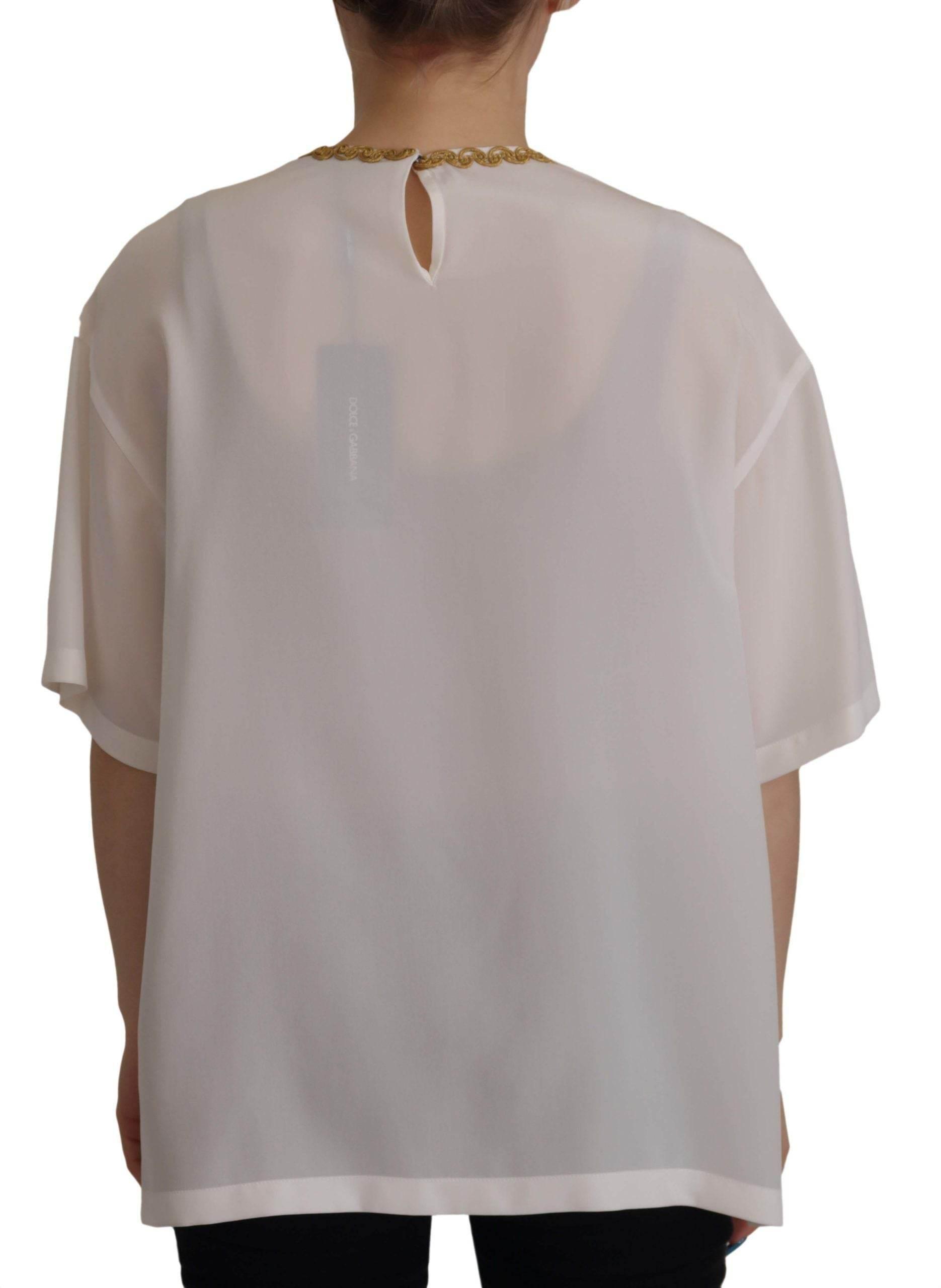 Dolce & Gabbana White Silk Gold DG Crown Crystal Blouse Top - Hilstor