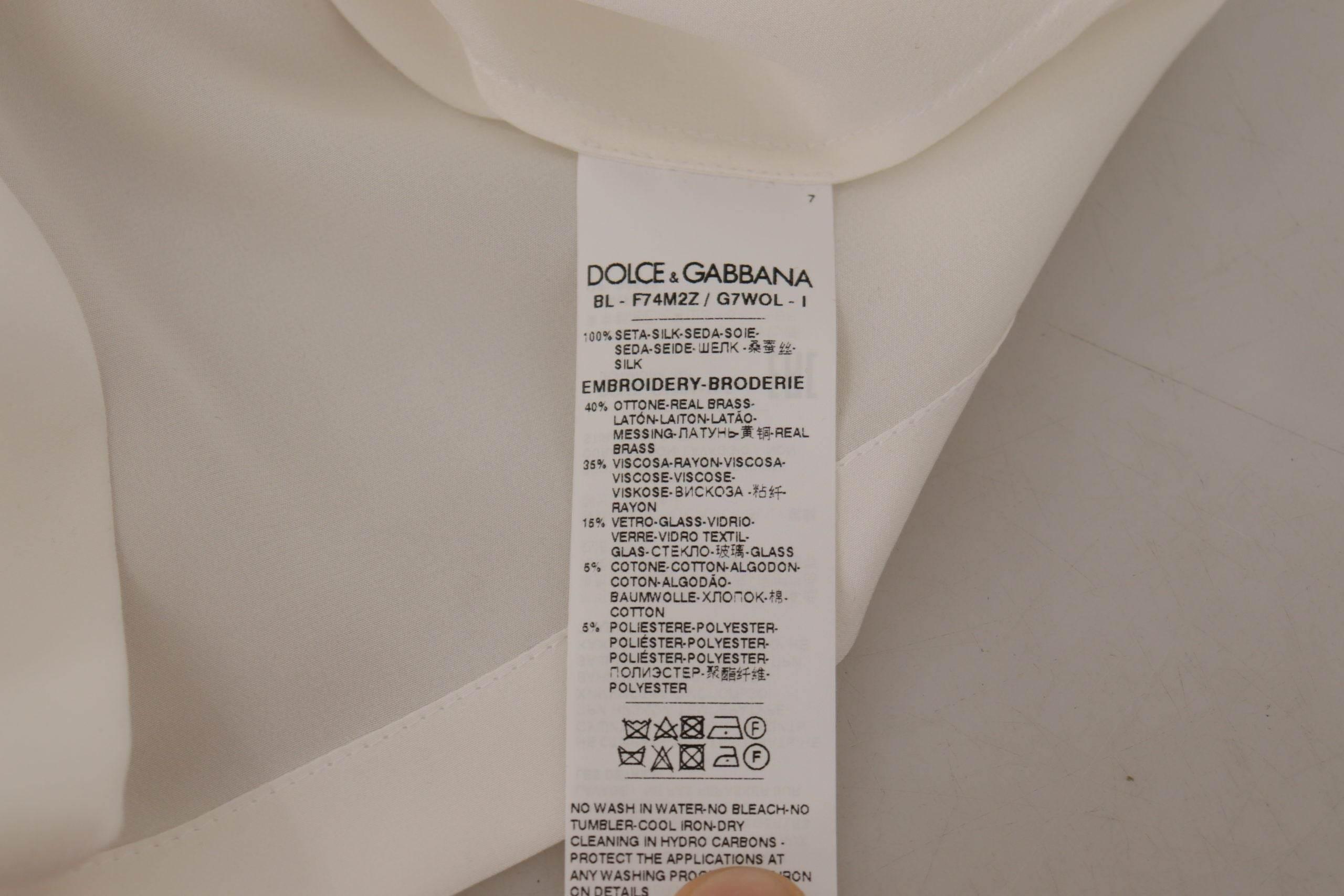 Dolce & Gabbana White Silk Gold DG Crown Crystal Blouse Top - Hilstor