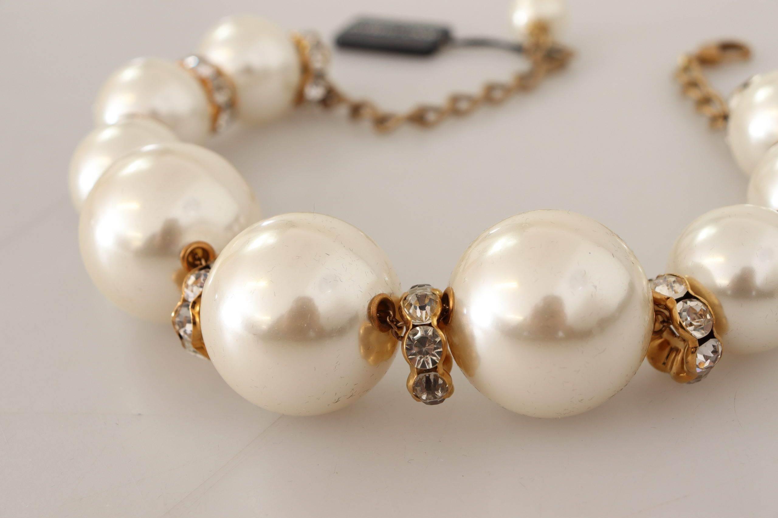 Dolce & Gabbana Elegant Faux Pearl Charm Necklace with Crystal Accents - Hilstor