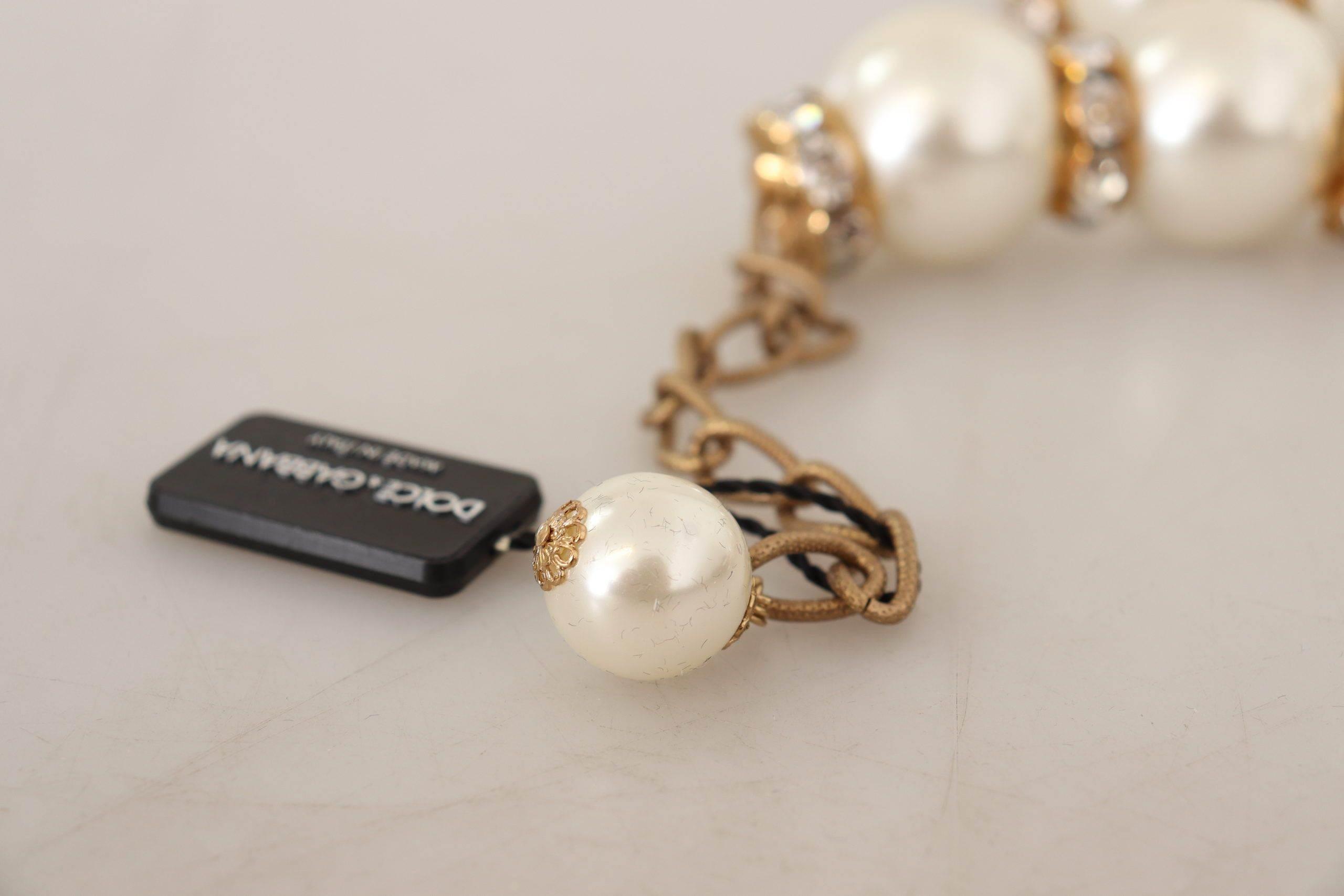 Dolce & Gabbana Elegant Faux Pearl Charm Necklace with Crystal Accents - Hilstor