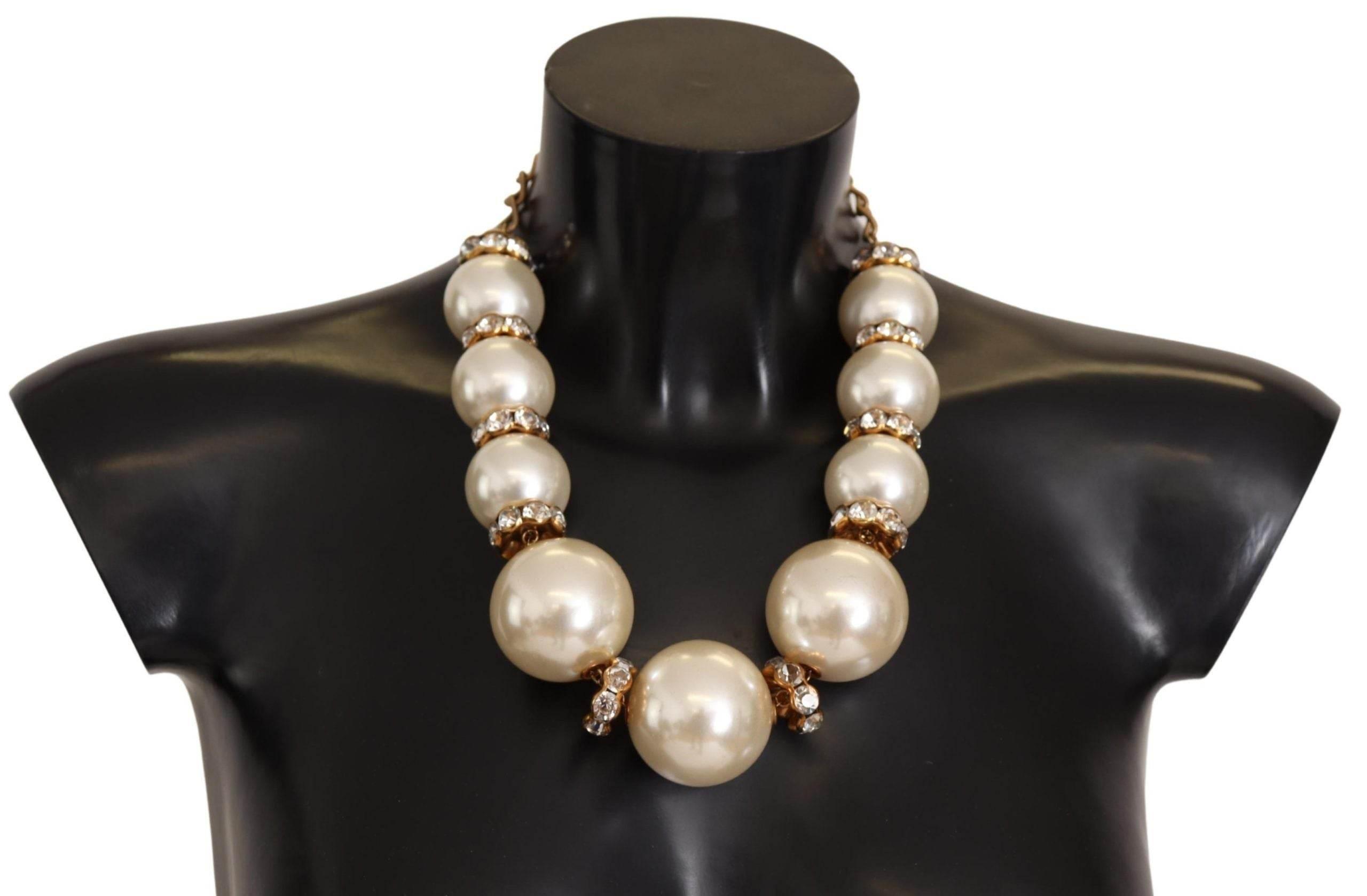 Dolce & Gabbana Elegant Faux Pearl Charm Necklace with Crystal Accents - Hilstor