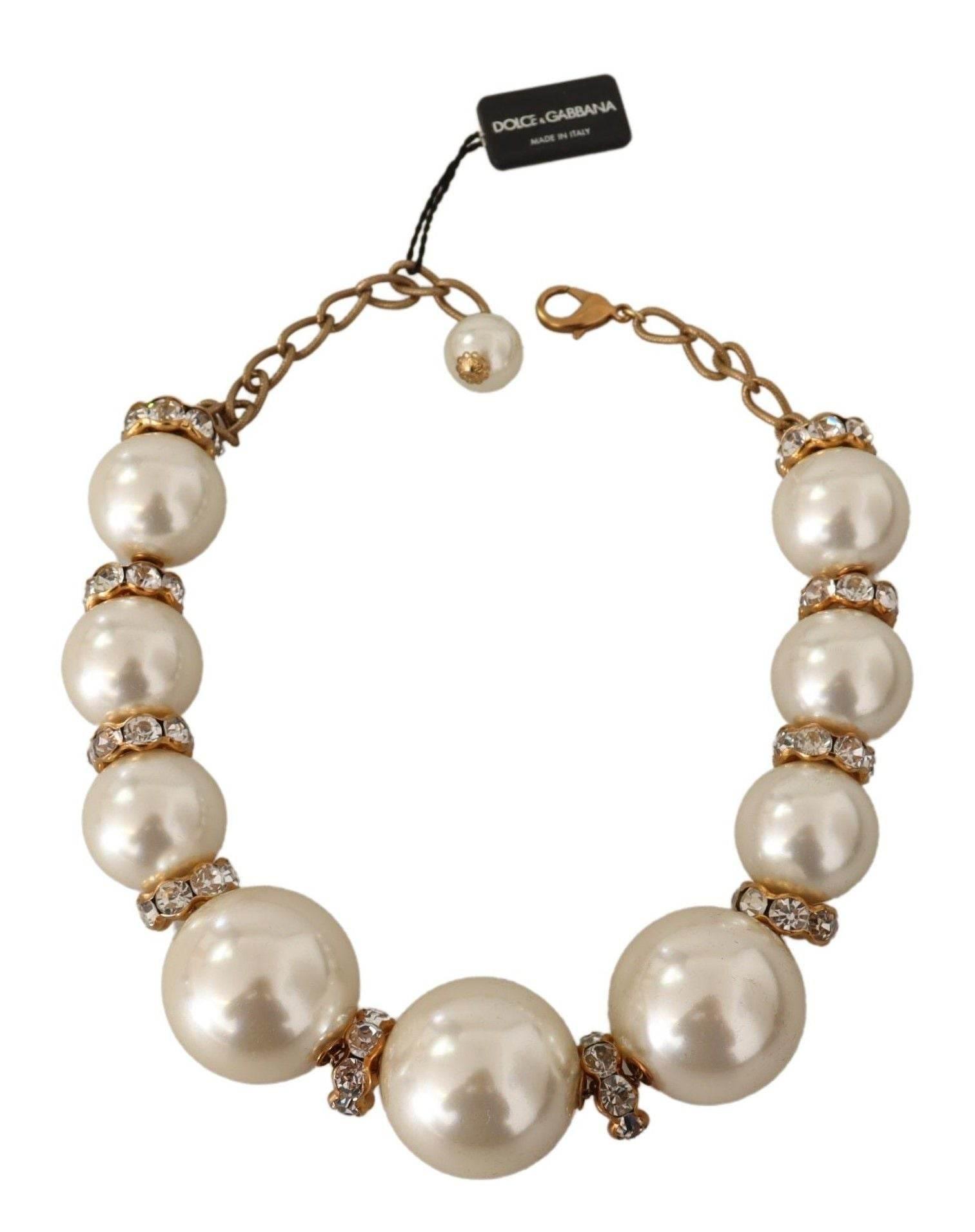 Dolce & Gabbana Elegant Faux Pearl Charm Necklace with Crystal Accents - Hilstor