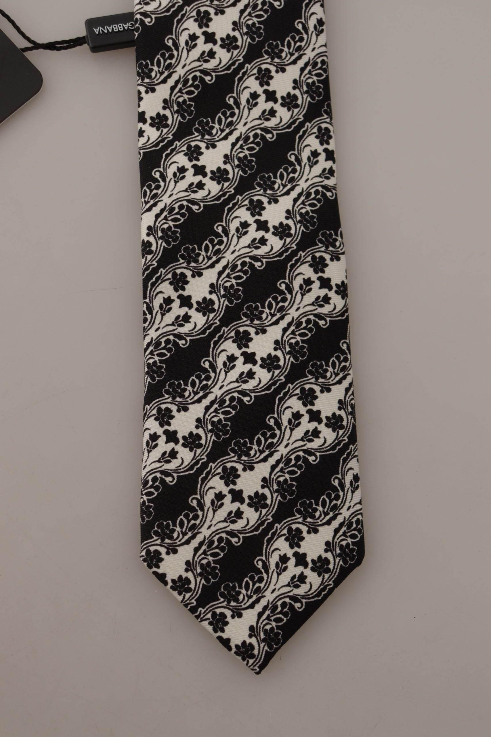Dolce & Gabbana Black White Flower 100% Silk Print Adjustable Accessory Tie - Hilstor