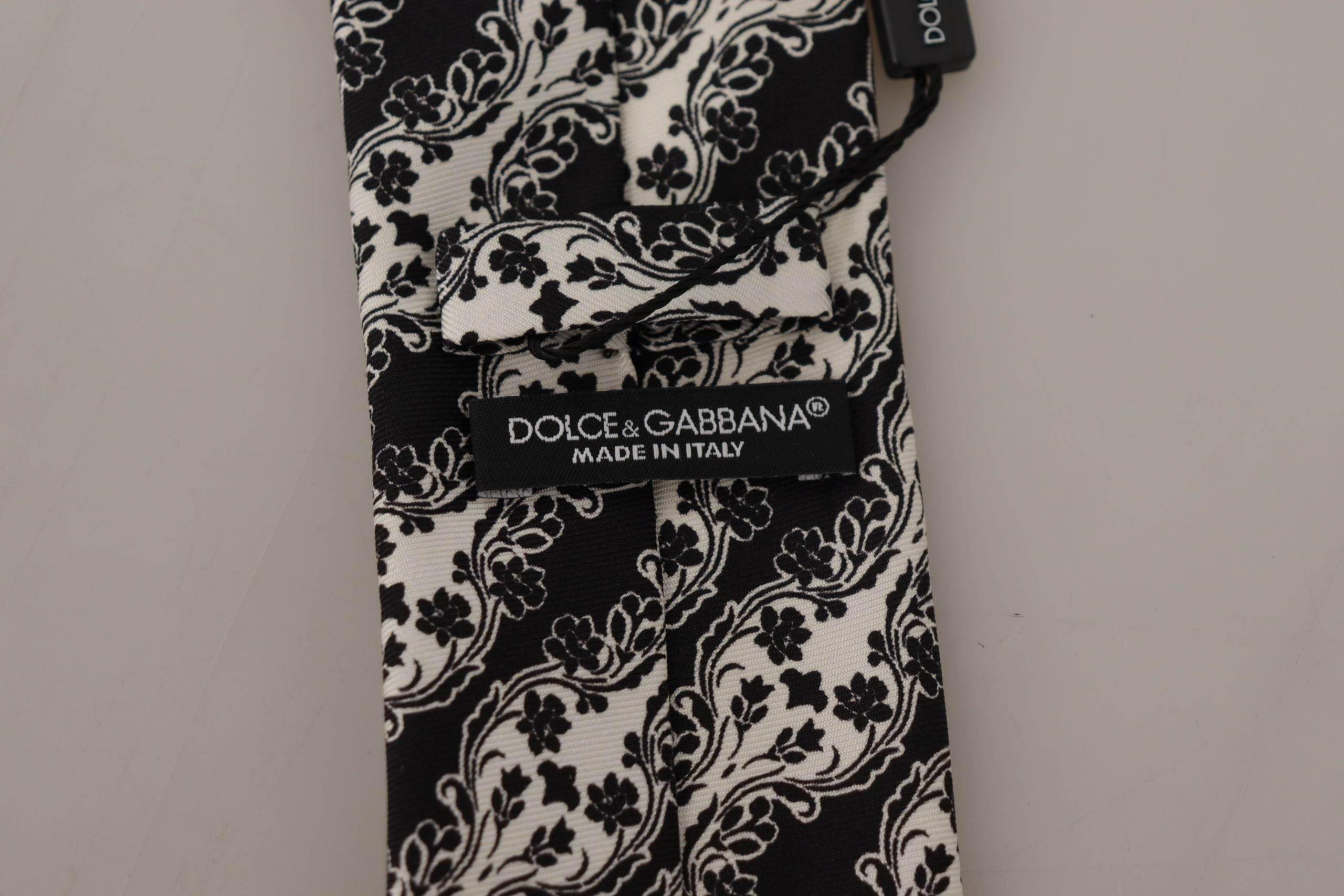 Dolce & Gabbana Black White Flower 100% Silk Print Adjustable Accessory Tie - Hilstor