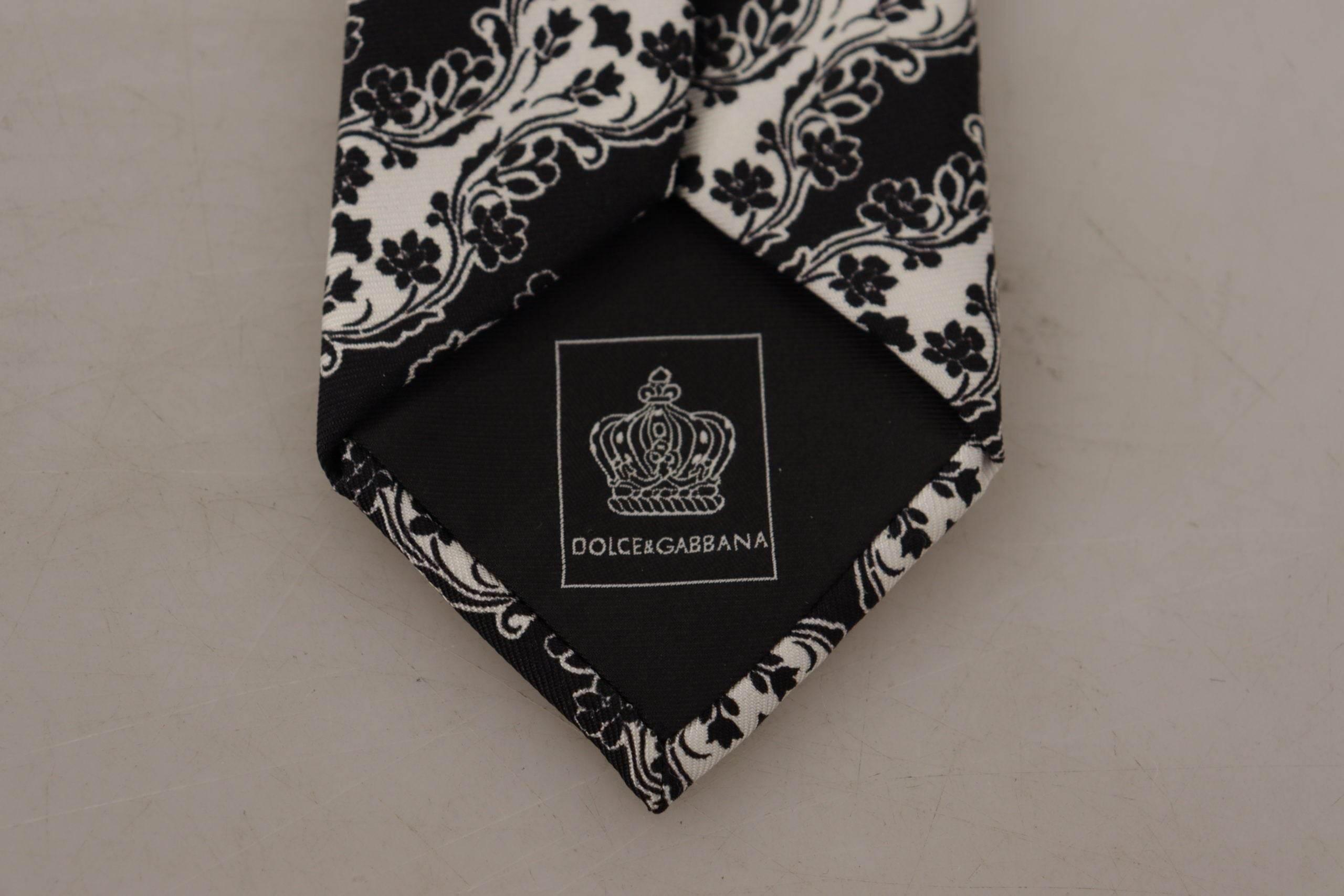 Dolce & Gabbana Black White Flower 100% Silk Print Adjustable Accessory Tie - Hilstor