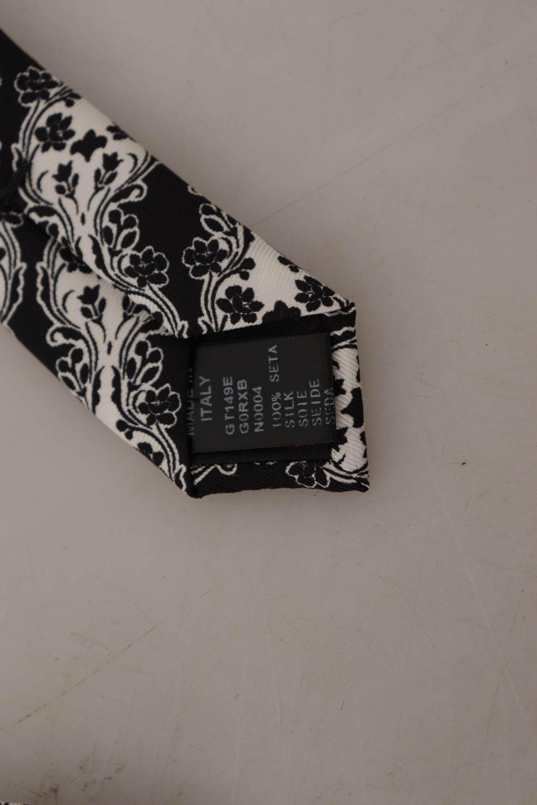 Dolce & Gabbana Black White Flower 100% Silk Print Adjustable Accessory Tie - Hilstor