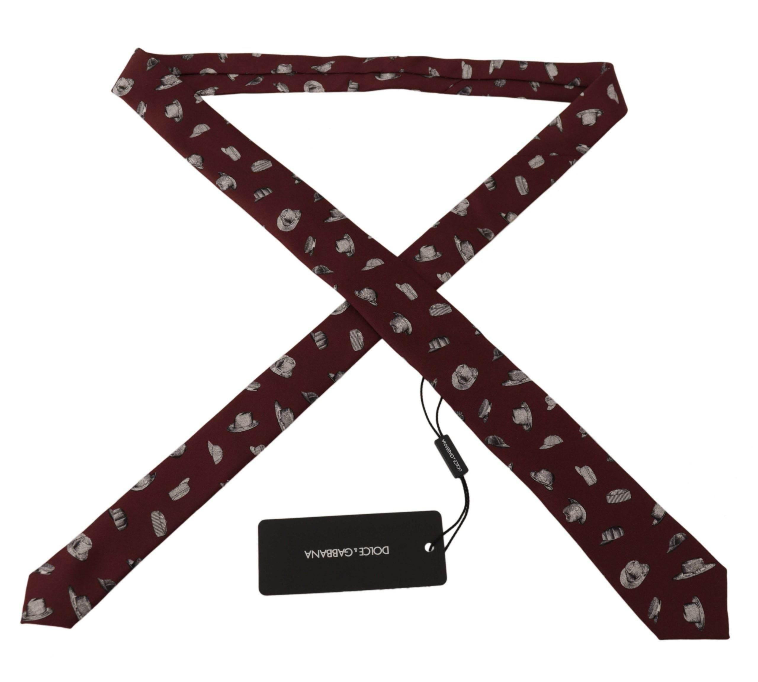 Dolce & Gabbana Maroon Hat Pattern 100% Silk Adjustable Accessory Tie - Hilstor