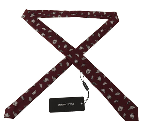 Dolce & Gabbana Maroon Hat Pattern 100% Silk Adjustable Accessory Tie - Hilstor