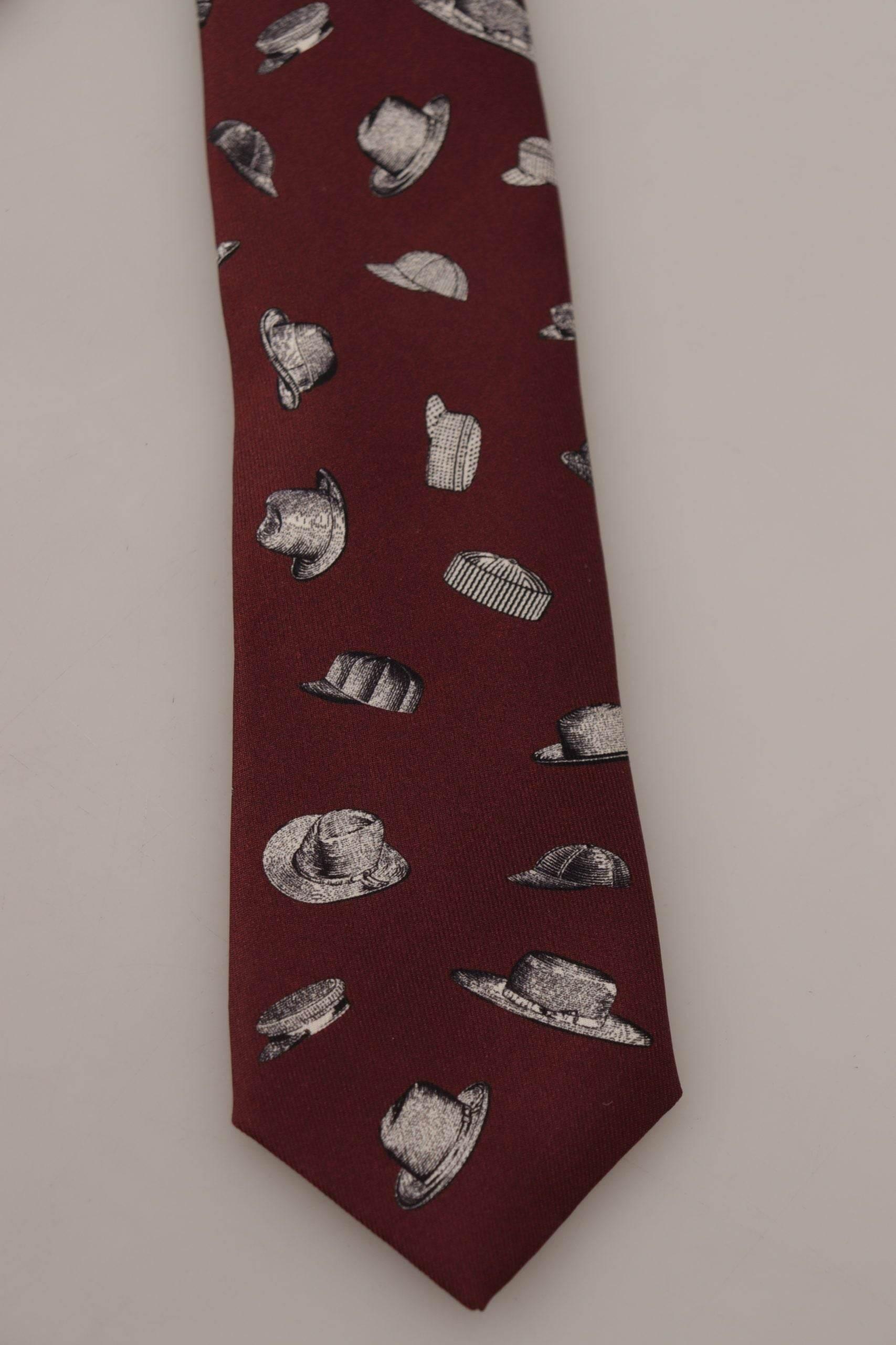 Dolce & Gabbana Maroon Hat Pattern 100% Silk Adjustable Accessory Tie - Hilstor