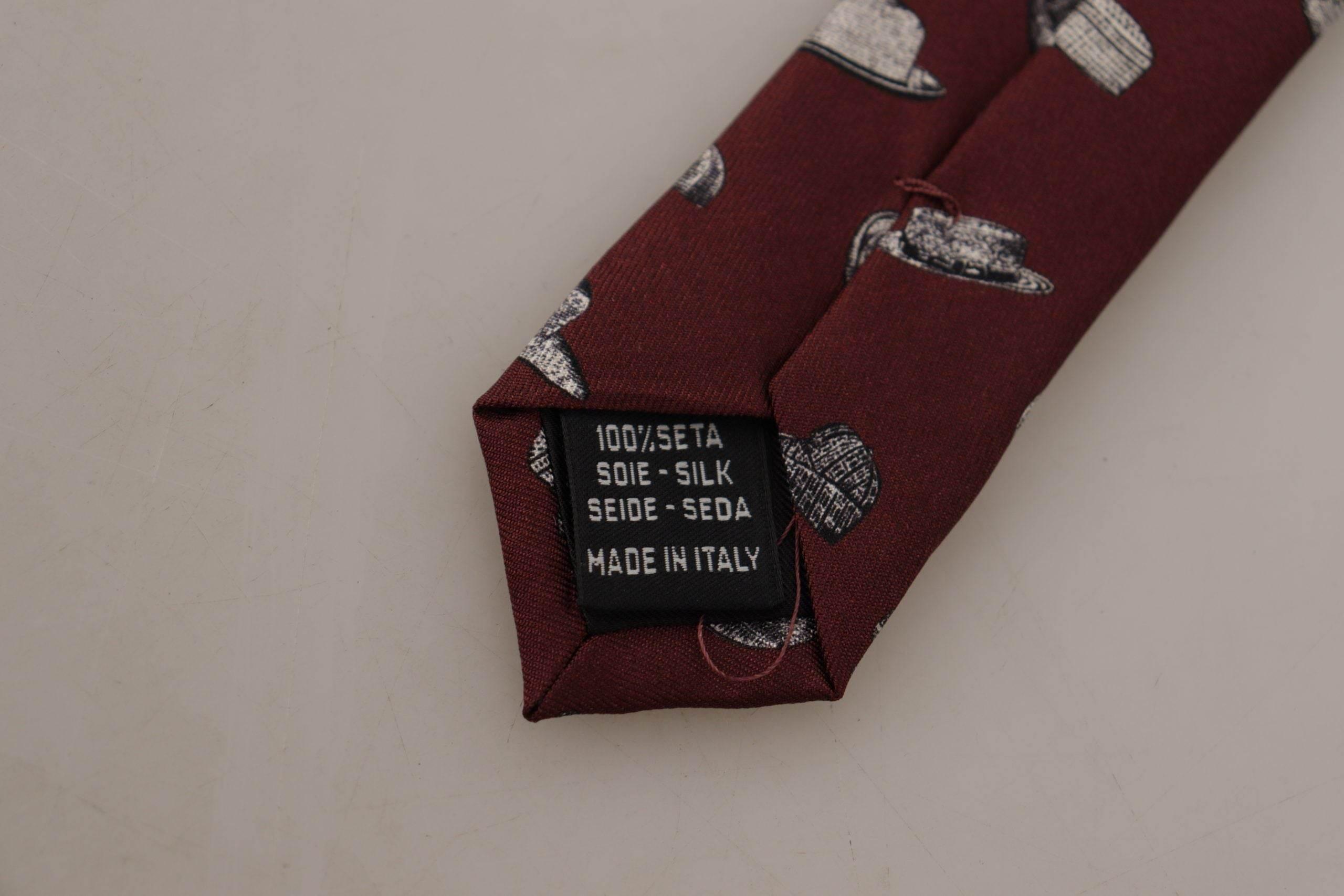 Dolce & Gabbana Maroon Hat Pattern 100% Silk Adjustable Accessory Tie - Hilstor