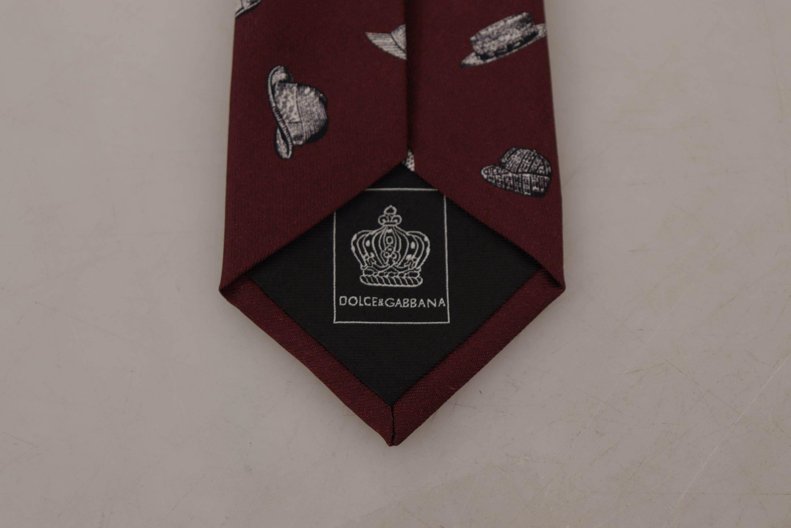 Dolce & Gabbana Maroon Hat Pattern 100% Silk Adjustable Accessory Tie - Hilstor