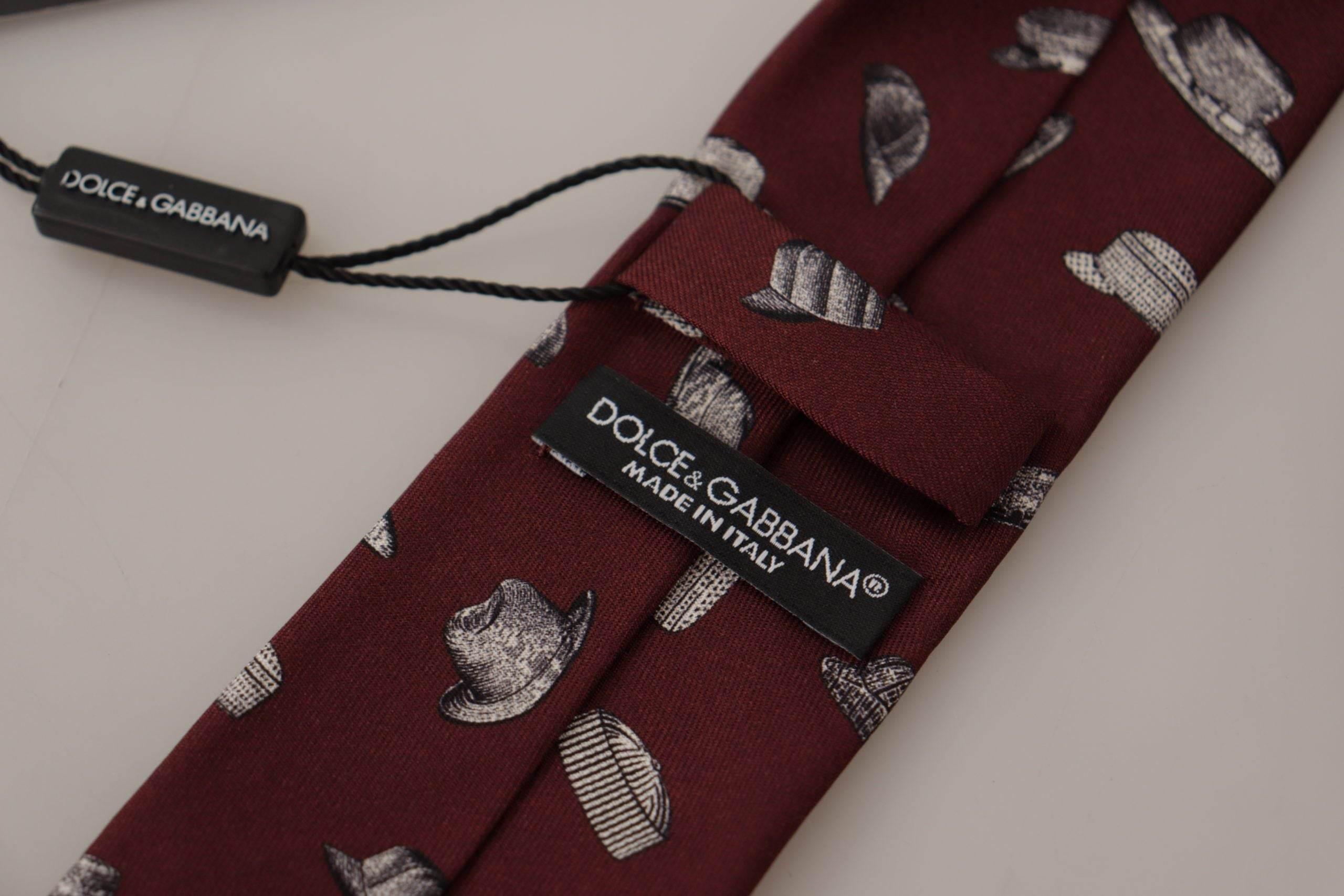 Dolce & Gabbana Maroon Hat Pattern 100% Silk Adjustable Accessory Tie - Hilstor