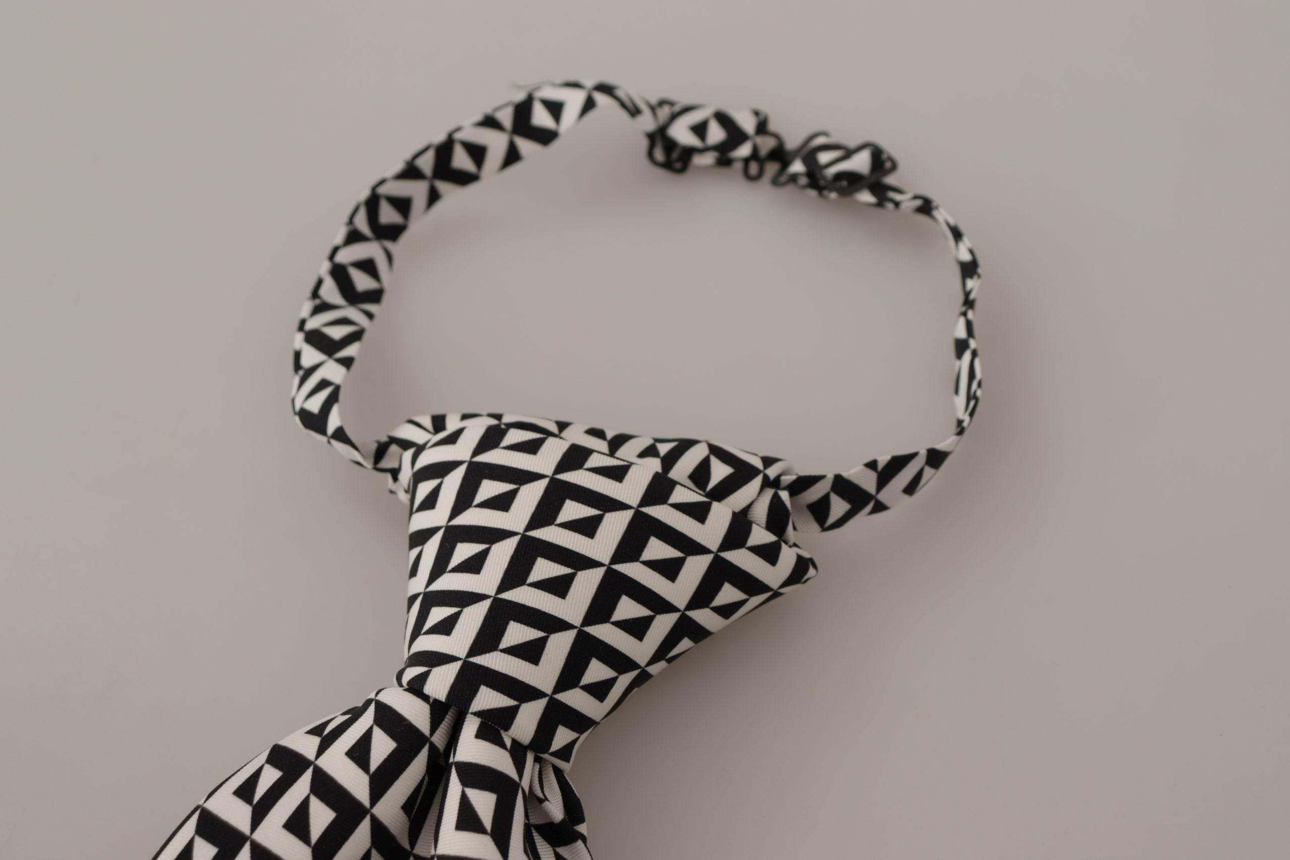 Dolce & Gabbana Black White Geometric 100% Silk Adjustable Accessory Tie - Hilstor