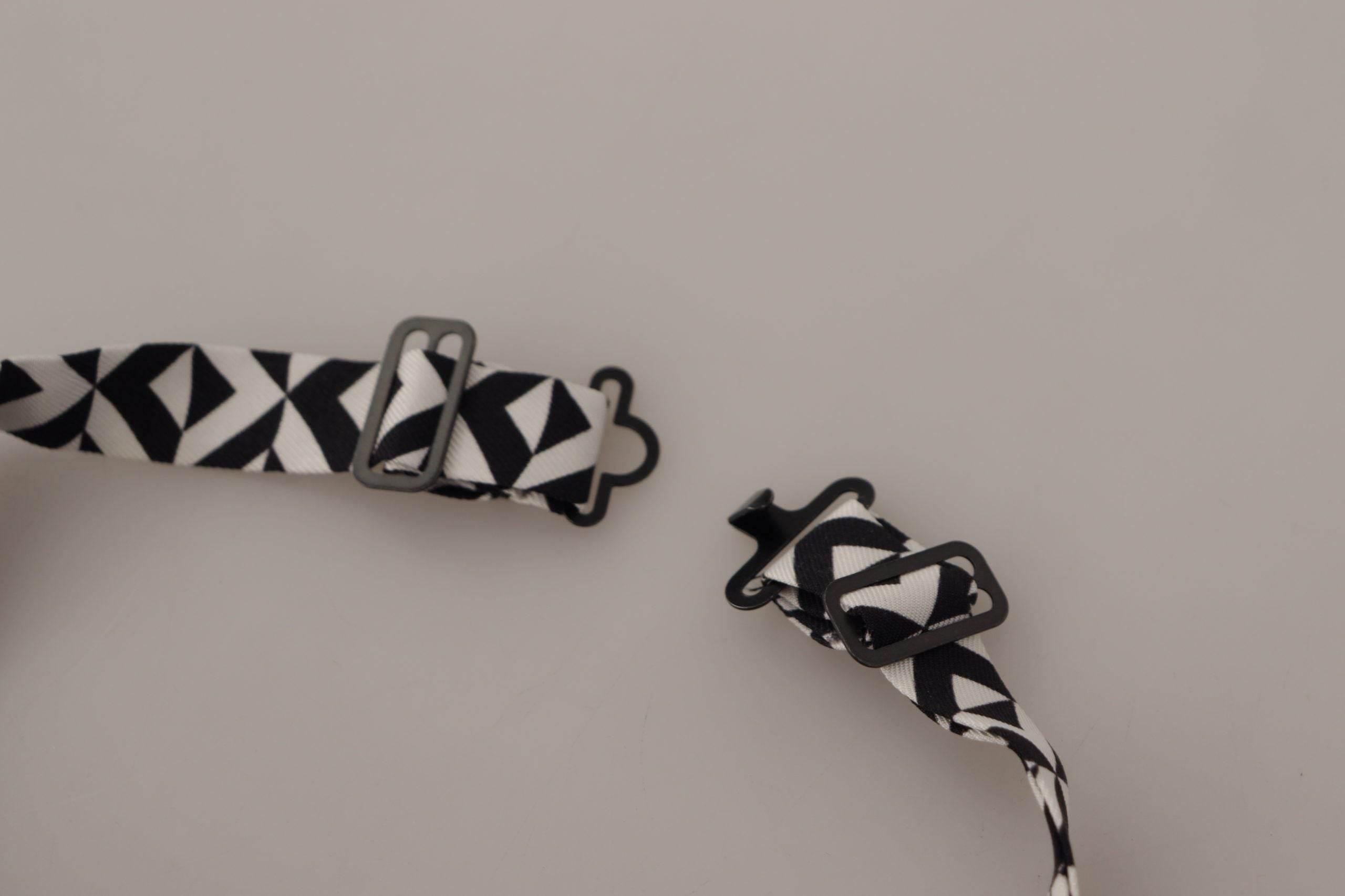 Dolce & Gabbana Black White Geometric 100% Silk Adjustable Accessory Tie - Hilstor