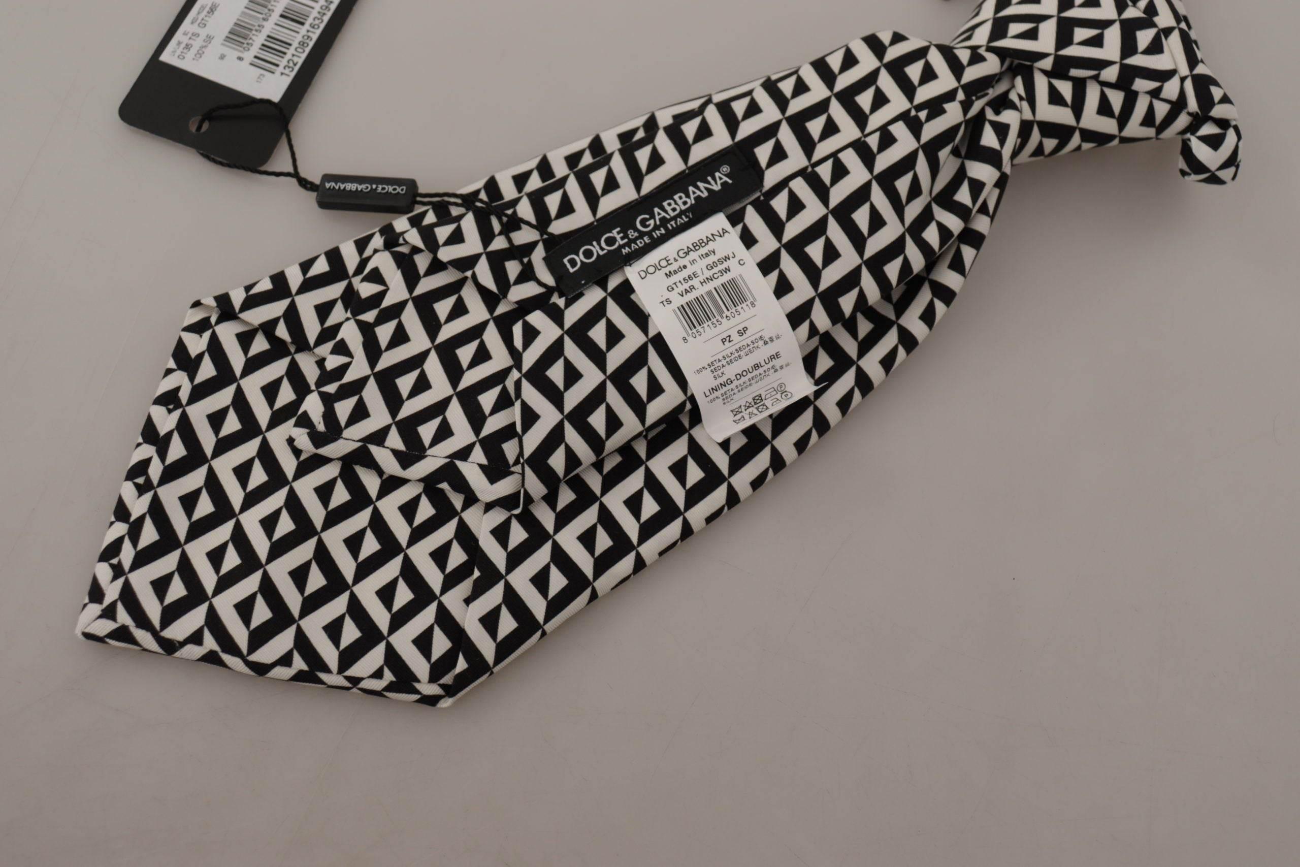 Dolce & Gabbana Black White Geometric 100% Silk Adjustable Accessory Tie - Hilstor