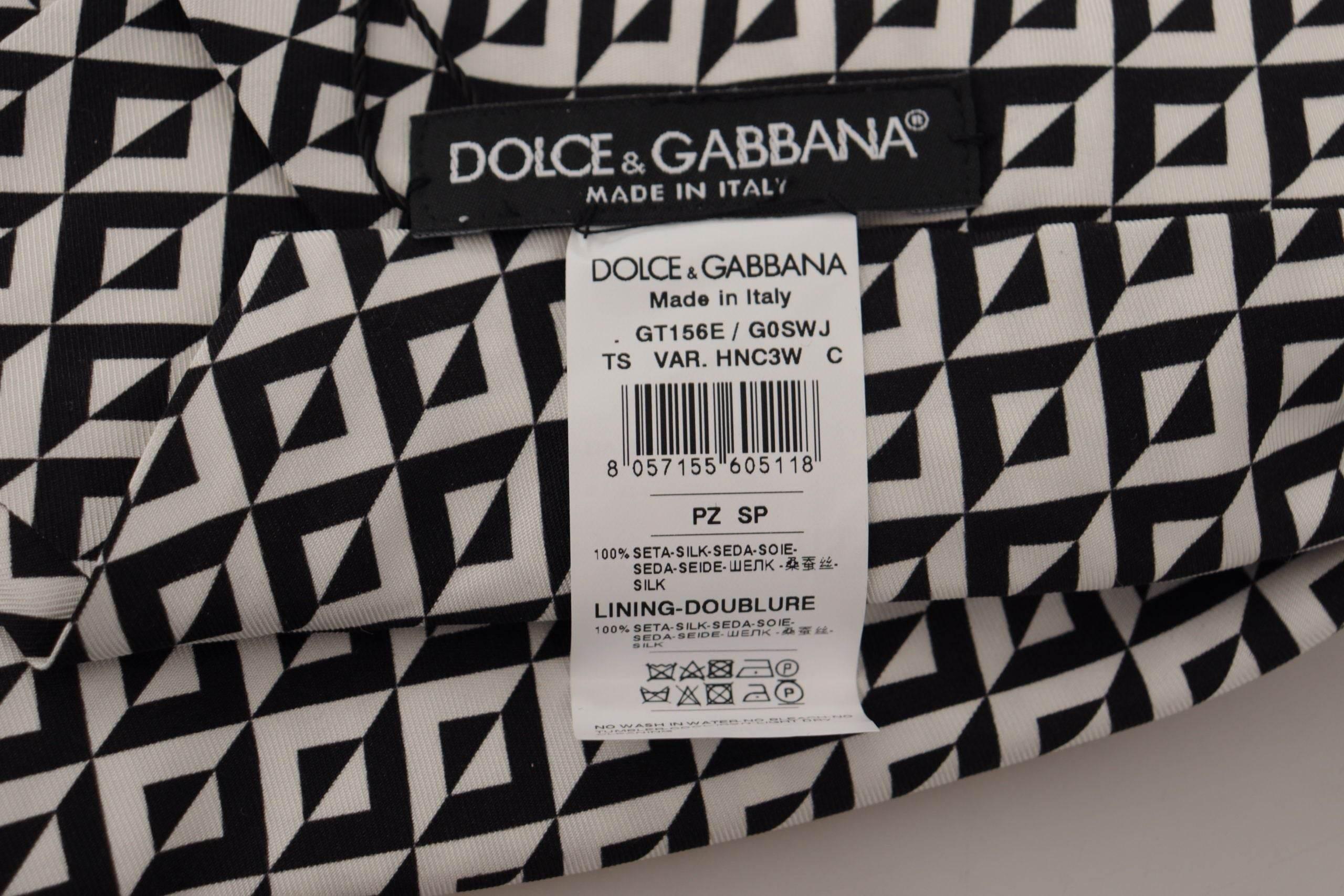 Dolce & Gabbana Black White Geometric 100% Silk Adjustable Accessory Tie - Hilstor