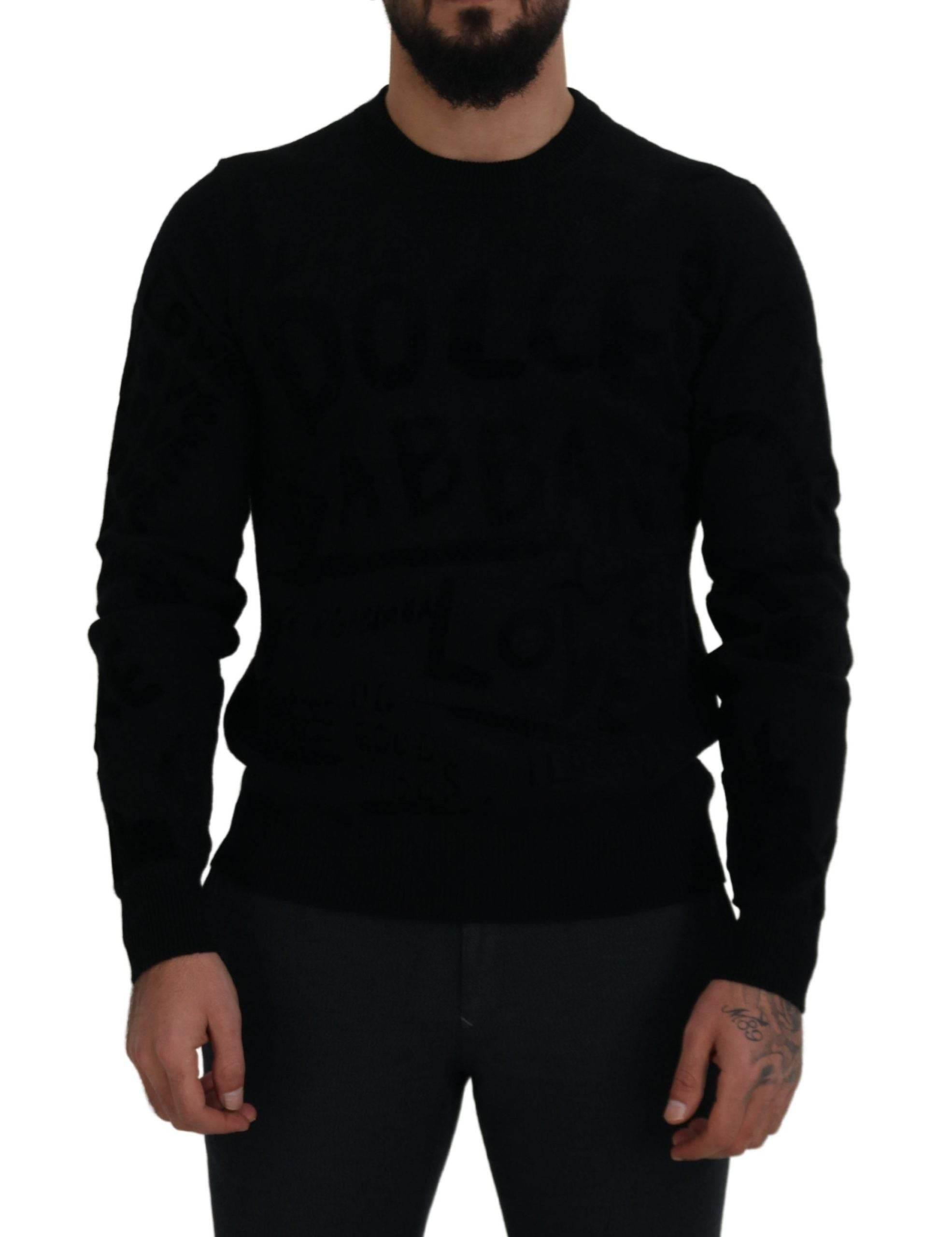 Dolce & Gabbana Black Wool Logo Pattern Crewneck Pullover Sweater - Hilstor