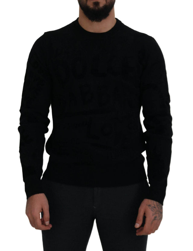 Dolce & Gabbana Black Wool Logo Pattern Crewneck Pullover Sweater - Hilstor