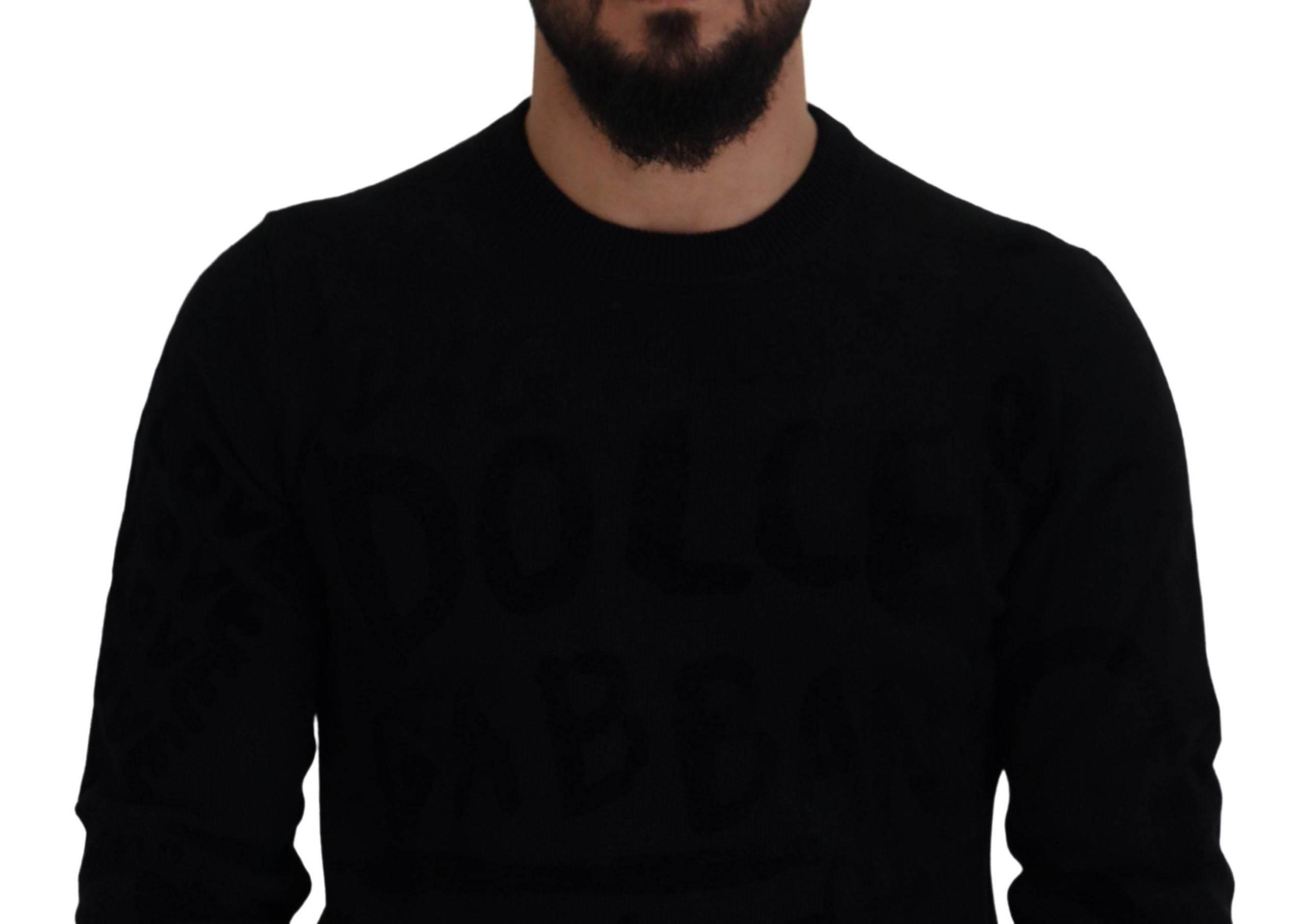 Dolce & Gabbana Black Wool Logo Pattern Crewneck Pullover Sweater - Hilstor