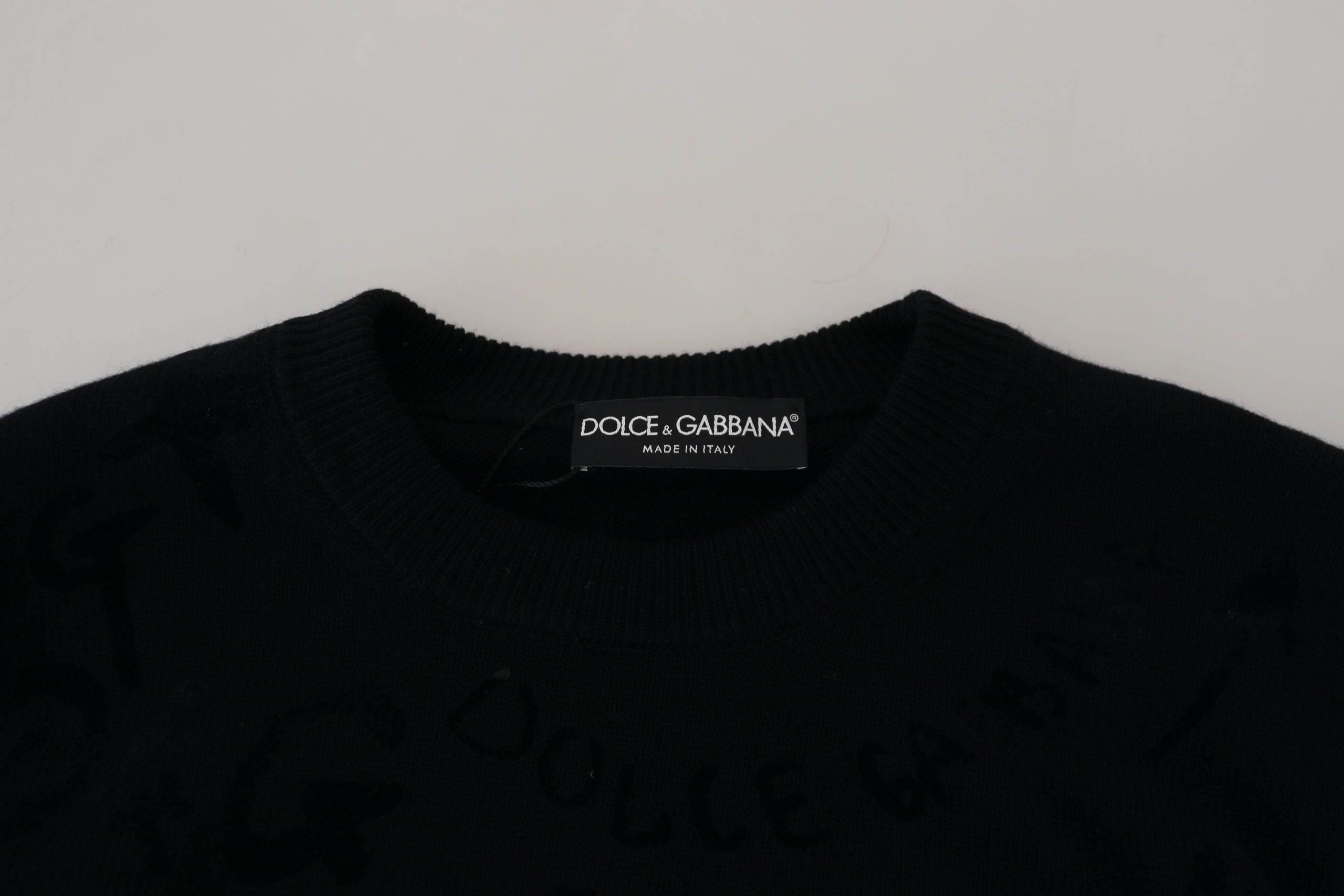Dolce & Gabbana Black Wool Logo Pattern Crewneck Pullover Sweater - Hilstor