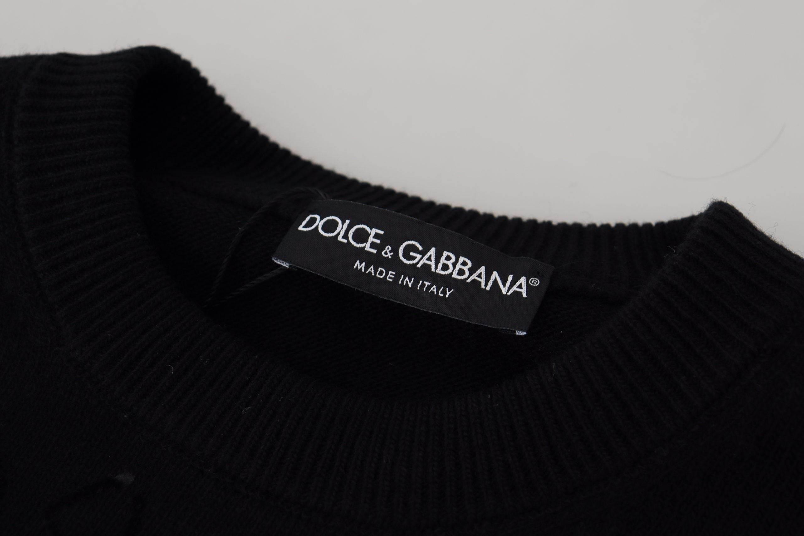 Dolce & Gabbana Black Wool Logo Pattern Crewneck Pullover Sweater - Hilstor