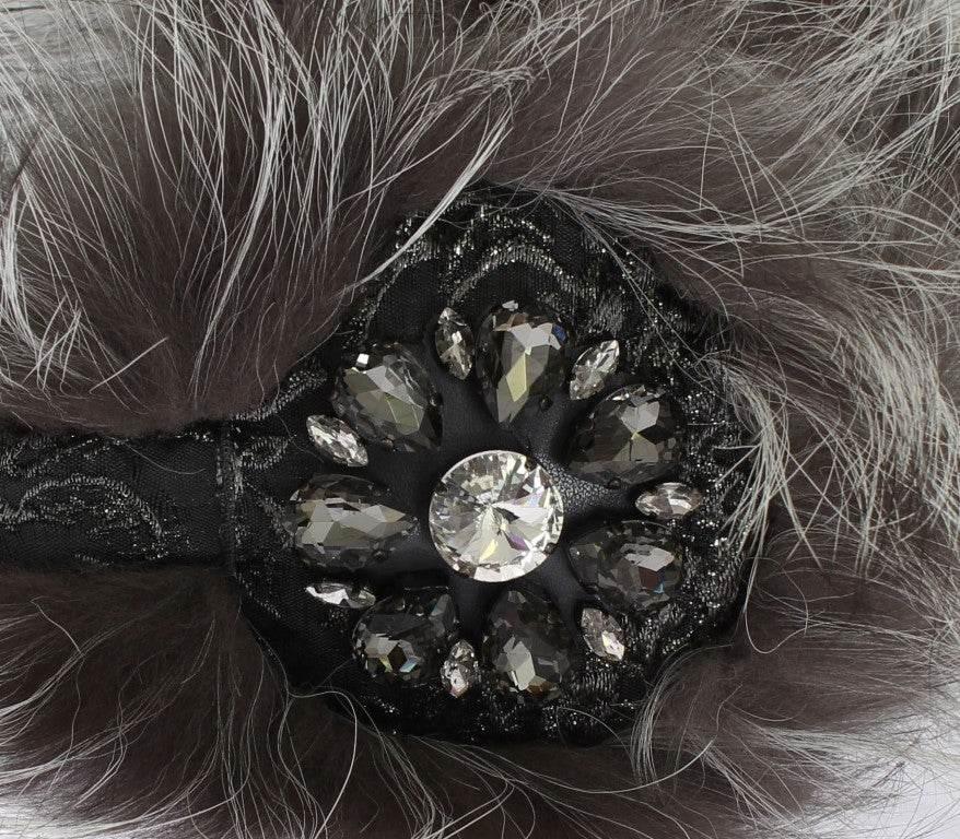 Dolce & Gabbana Gray Fox Fur Crystal Ear Muffs - Hilstor