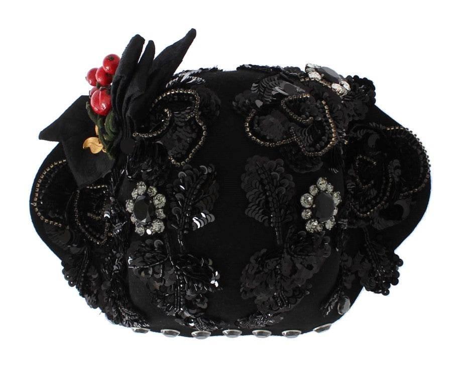 Dolce & Gabbana Black Crystal Gold Cherries Brooch Hat - Hilstor