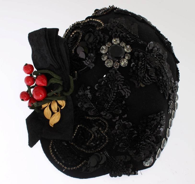 Dolce & Gabbana Black Crystal Gold Cherries Brooch Hat - Hilstor