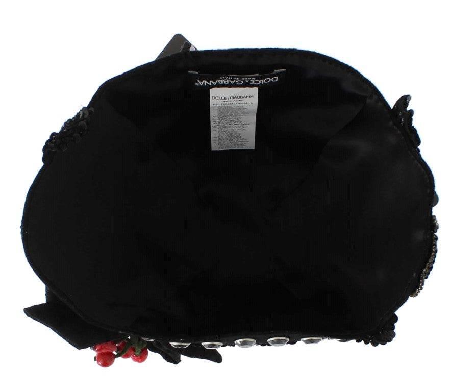 Dolce & Gabbana Black Crystal Gold Cherries Brooch Hat - Hilstor