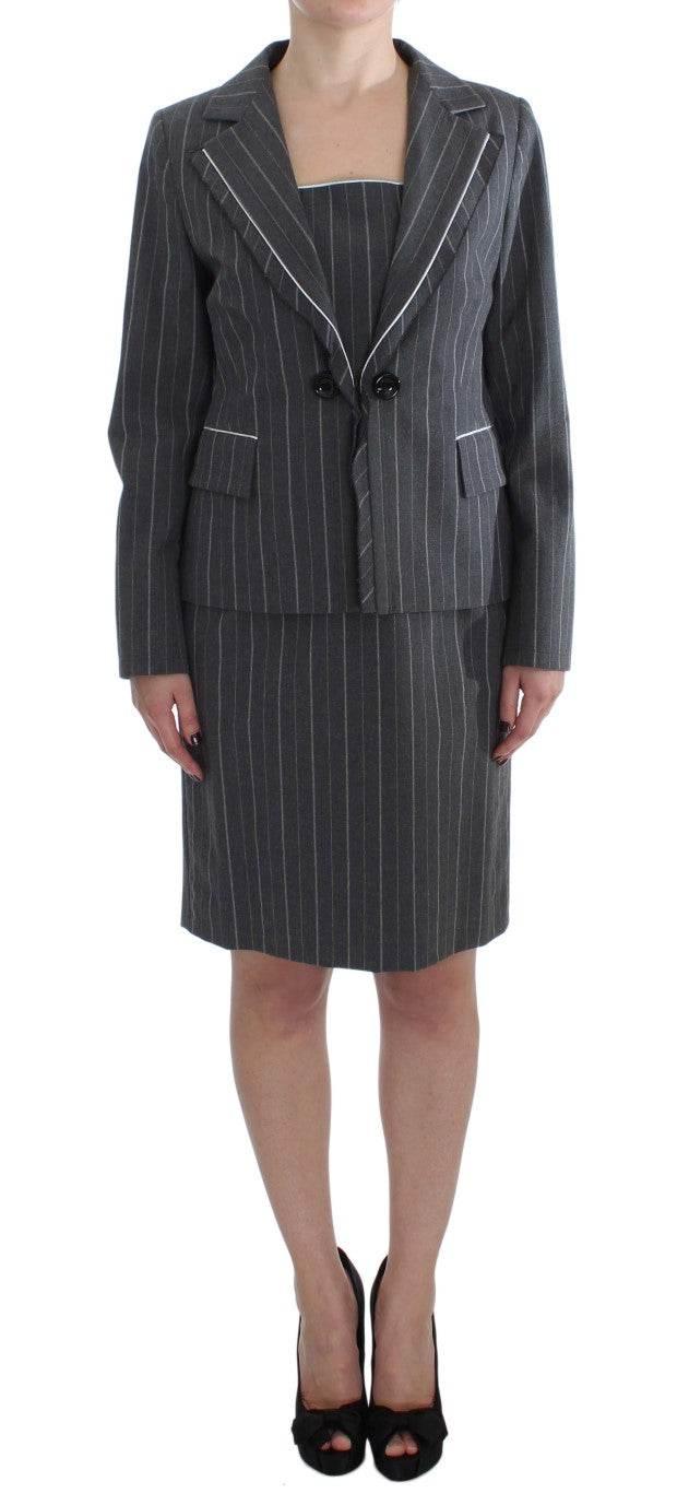 BENCIVENGA Elegant Gray Striped Dress & Blazer Suit Set - Hilstor