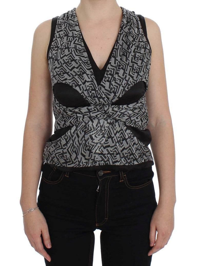 Karl Lagerfeld Gray Black Silk Blouse Top - Hilstor