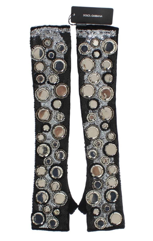 Dolce & Gabbana Black Cashmere Sequined Finger Less Gloves - Hilstor