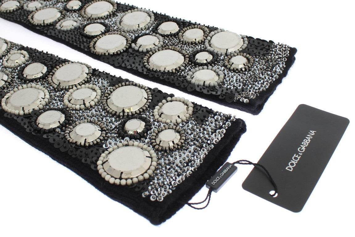 Dolce & Gabbana Black Cashmere Sequined Finger Less Gloves - Hilstor