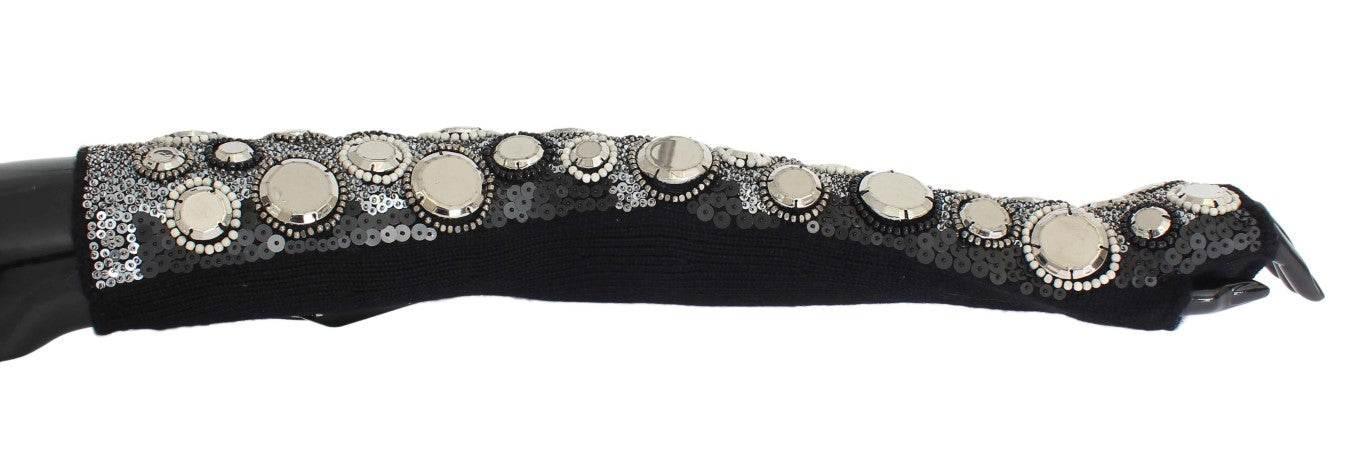 Dolce & Gabbana Black Cashmere Sequined Finger Less Gloves - Hilstor