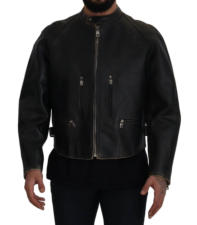 Dolce & Gabbana Black Leather Zipper Biker Coat Jacket - Hilstor