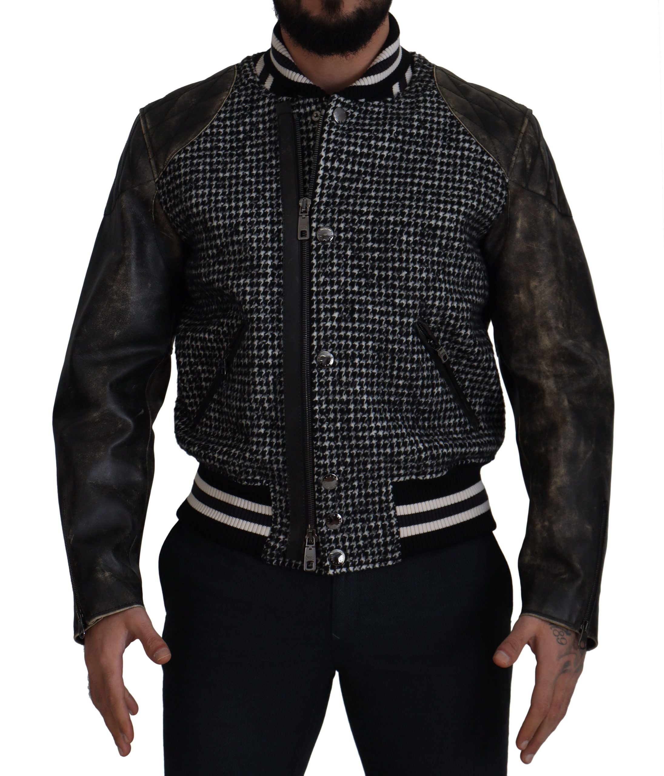 Dolce &amp; Gabbana Sort Houndstooth Polyester Bomberjakke