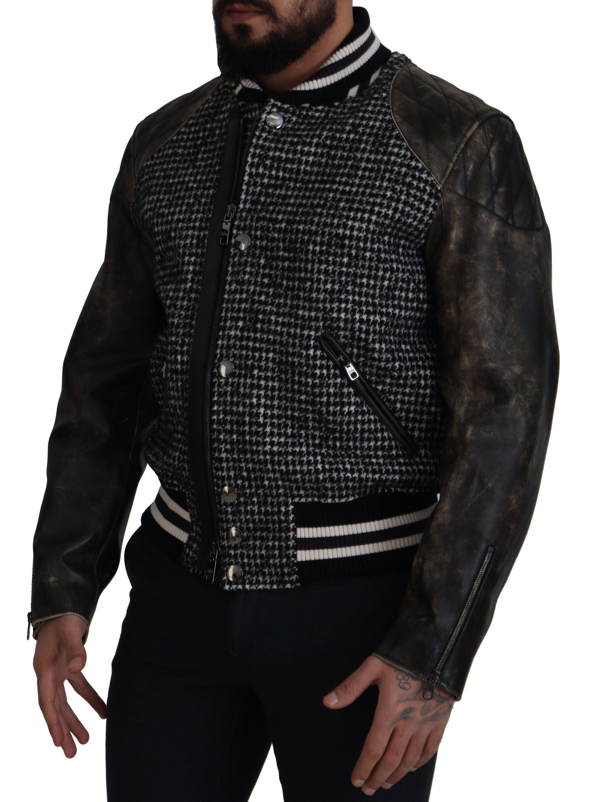 Dolce &amp; Gabbana Sort Houndstooth Polyester Bomberjakke
