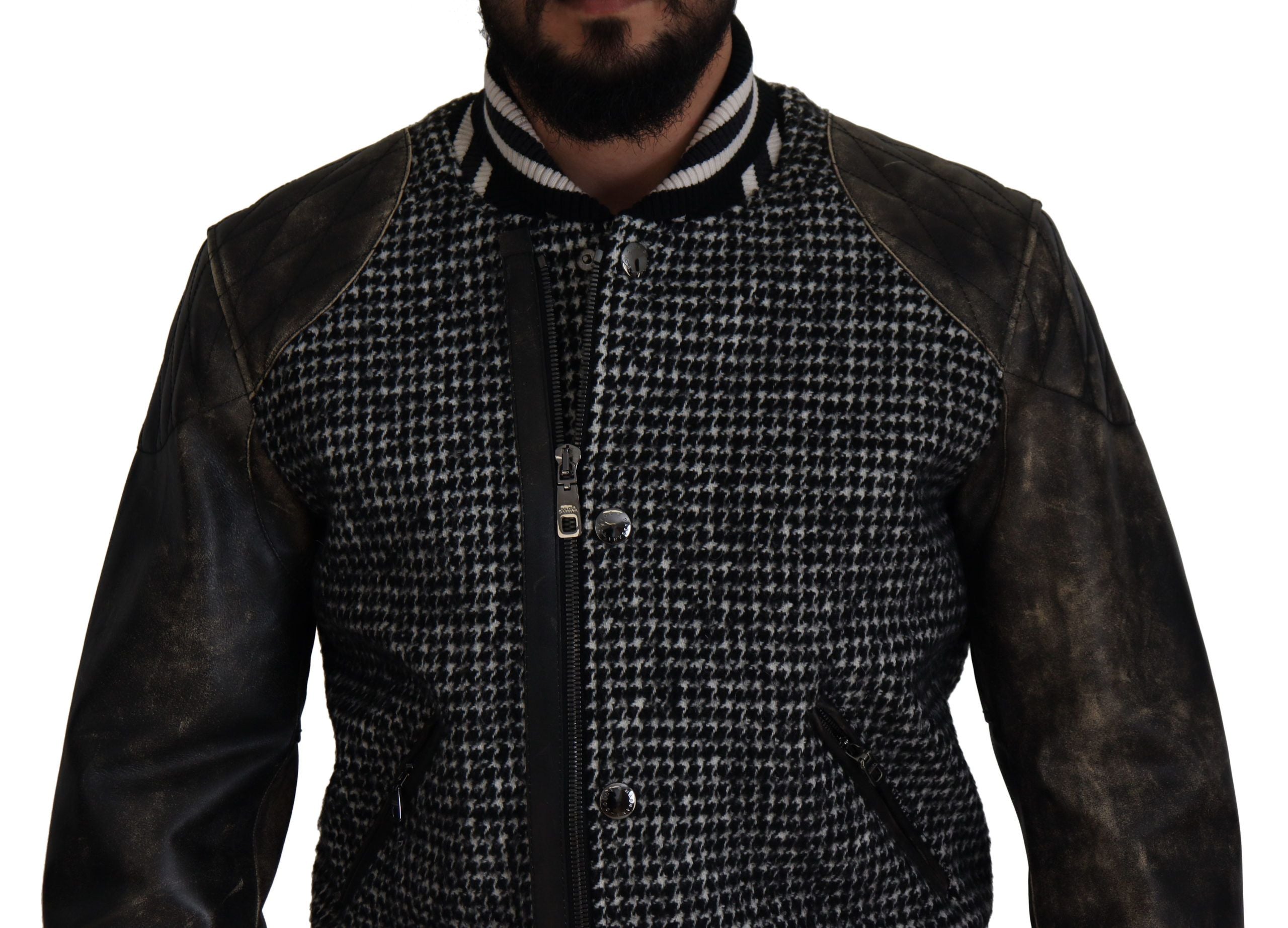 Dolce &amp; Gabbana Sort Houndstooth Polyester Bomberjakke