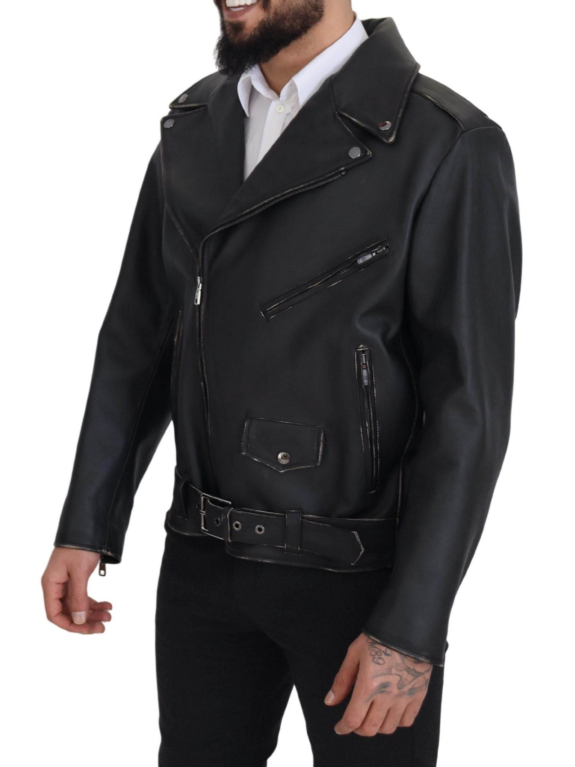 Dolce & Gabbana Black Leather Biker Coat Zipper Jacket - Hilstor