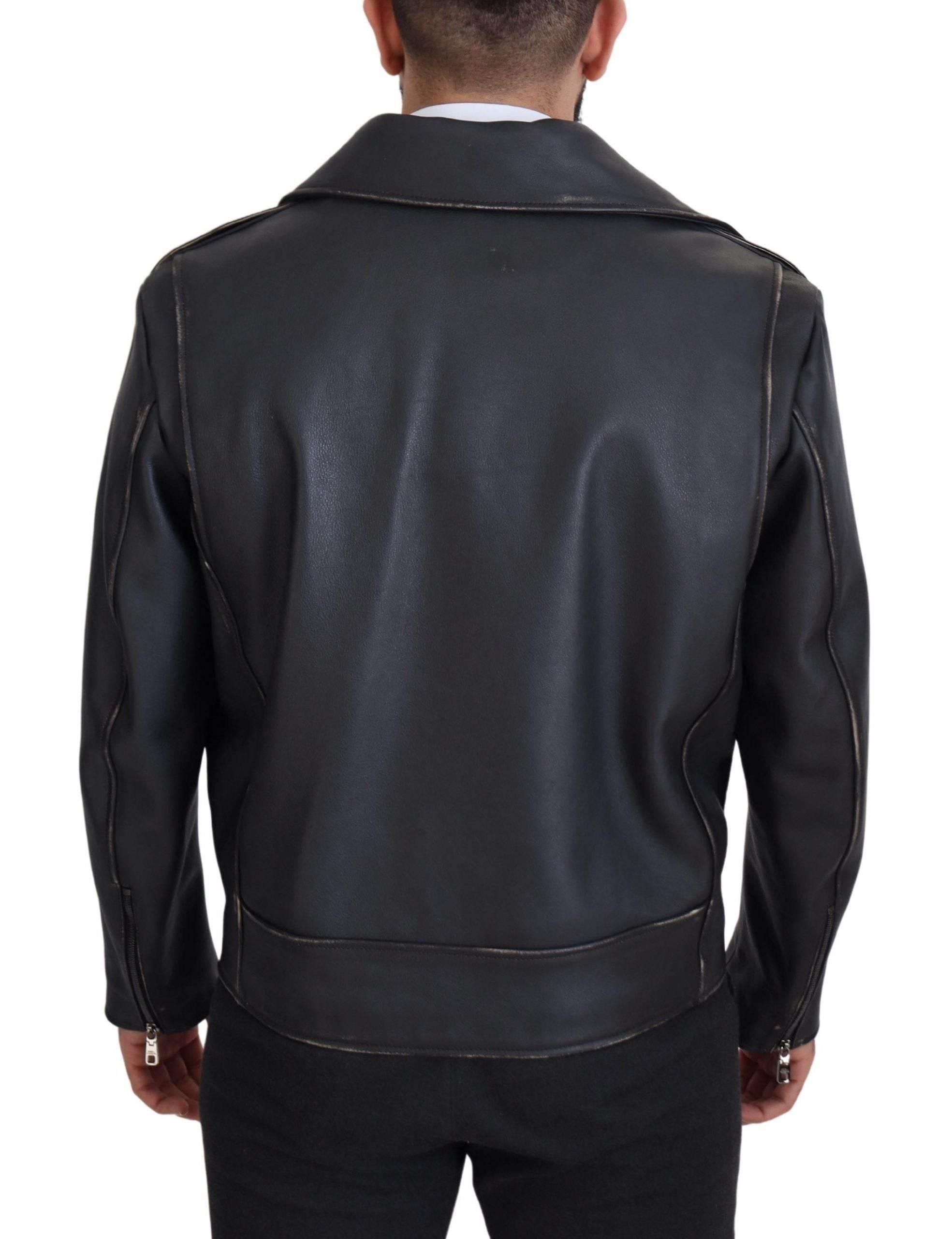 Dolce & Gabbana Black Leather Biker Coat Zipper Jacket - Hilstor