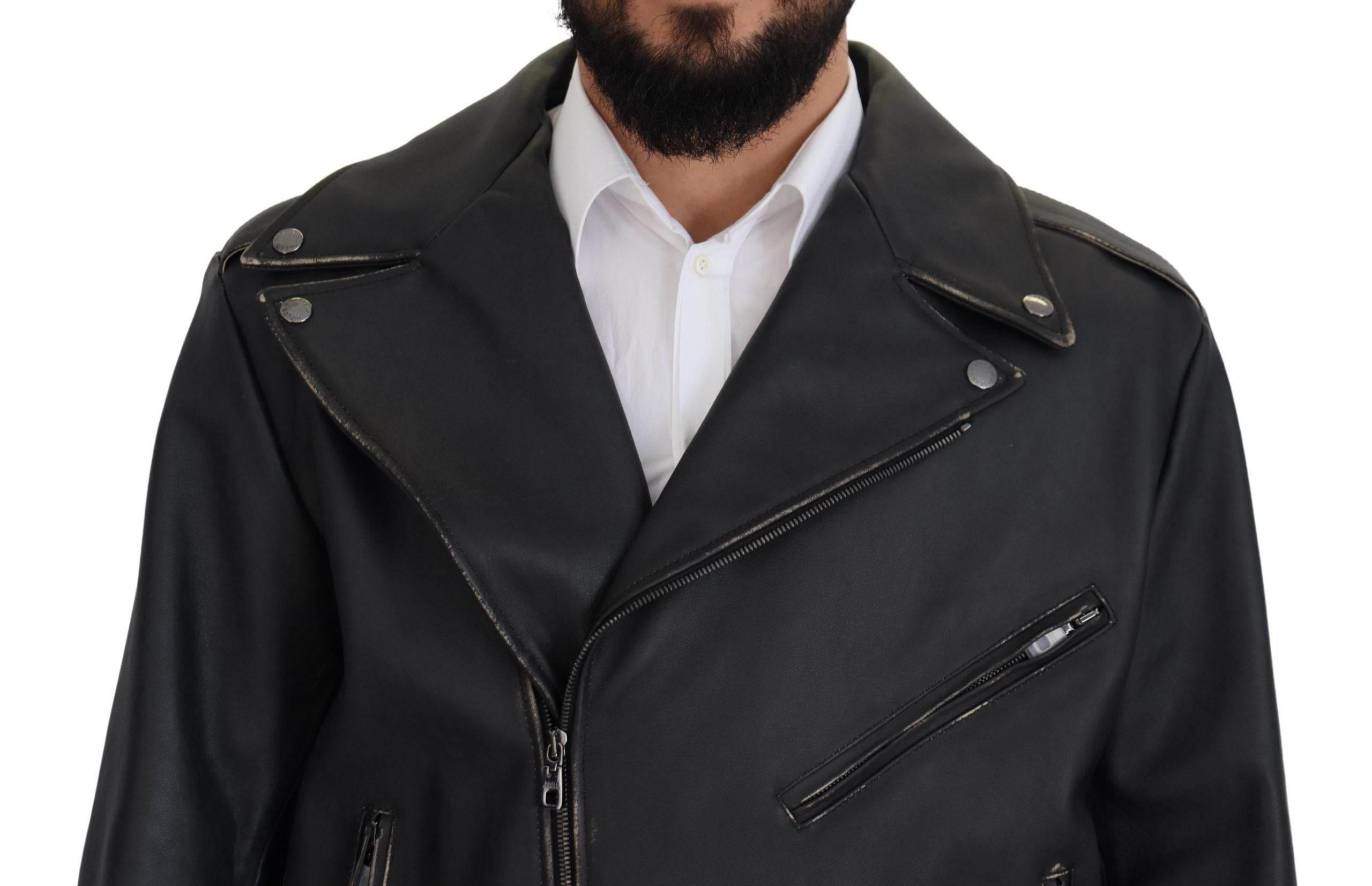Dolce & Gabbana Black Leather Biker Coat Zipper Jacket - Hilstor