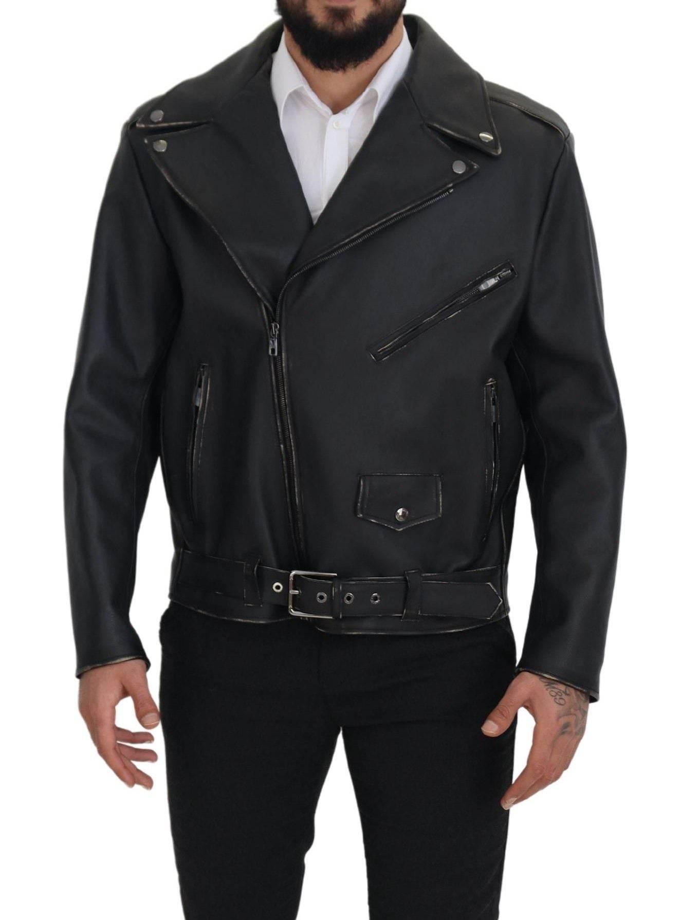 Dolce & Gabbana Black Leather Biker Coat Zipper Jacket - Hilstor
