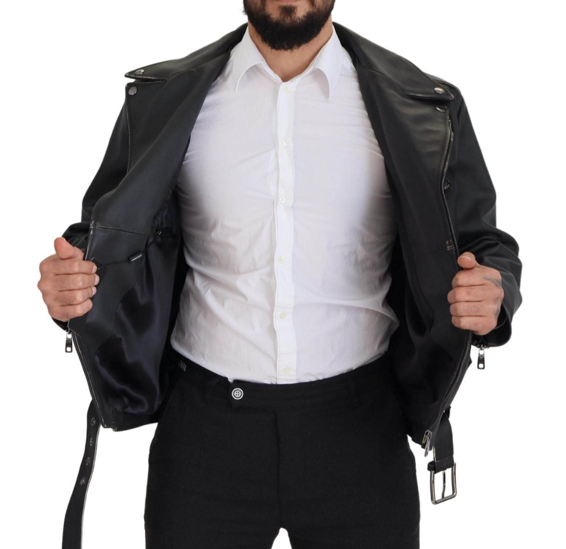 Dolce & Gabbana Black Leather Biker Coat Zipper Jacket - Hilstor