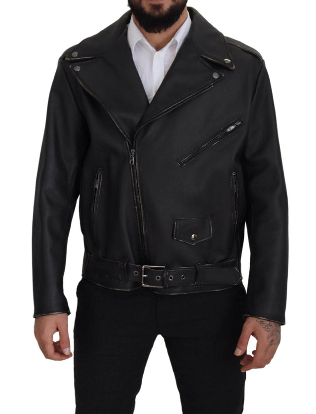 Dolce & Gabbana Black Leather Biker Coat Zipper Jacket - Hilstor