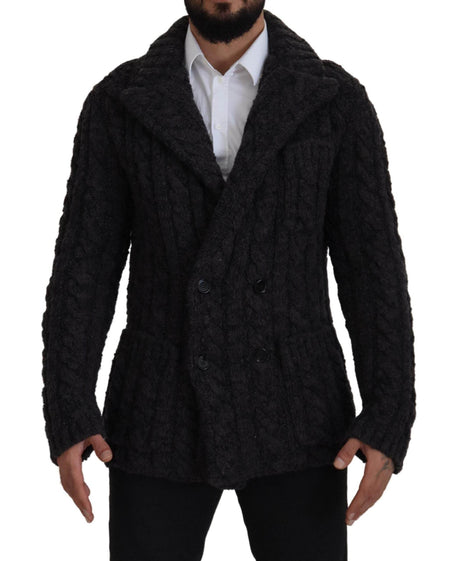 Dolce & Gabbana Black Wool Knit Double Breasted Coat Jacket - Hilstor