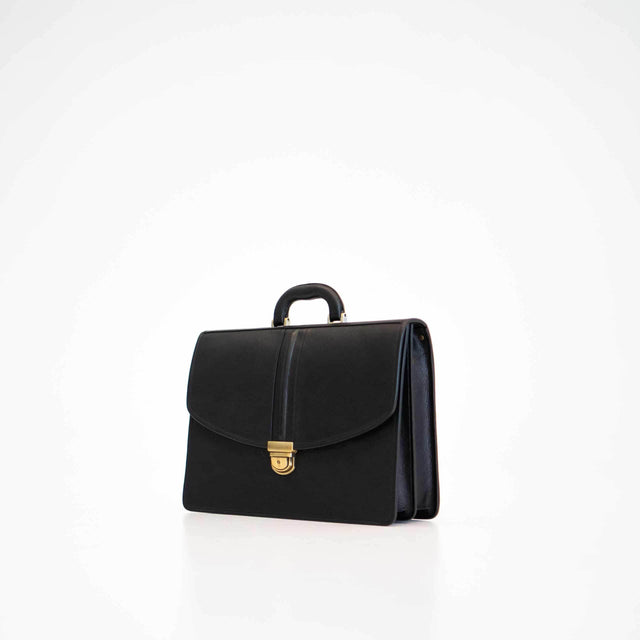 Leather Briefcase No. 99 – Black, Dual Compartments with Laptop Padding, Handmade in Europe by Papillon - Hilstor