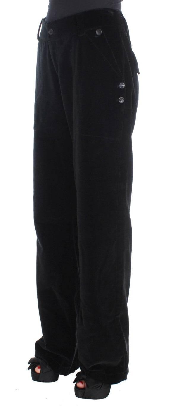 Ermanno Scervino Black Velvet Cotton Straight Legs Pants - Hilstor